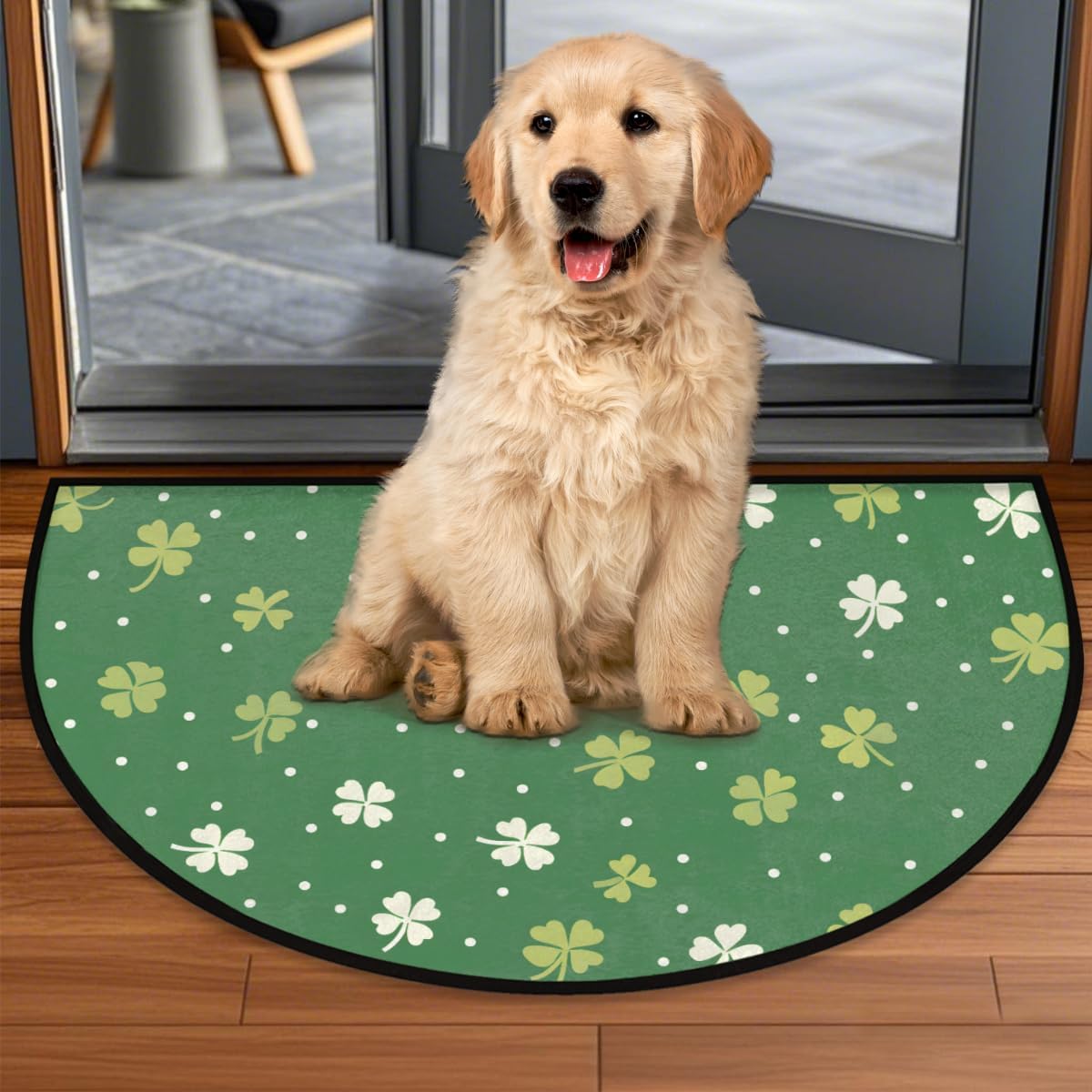 Front Door Mat Indoor Outdoor Entrance, St. Patrick's Day Clover Half Round Door Mat Absorbent Non-Slip Backing Welcome Doormat Patio Entryway Low Profile Floor Mats for Kitchen Fireplace 36" x 24"