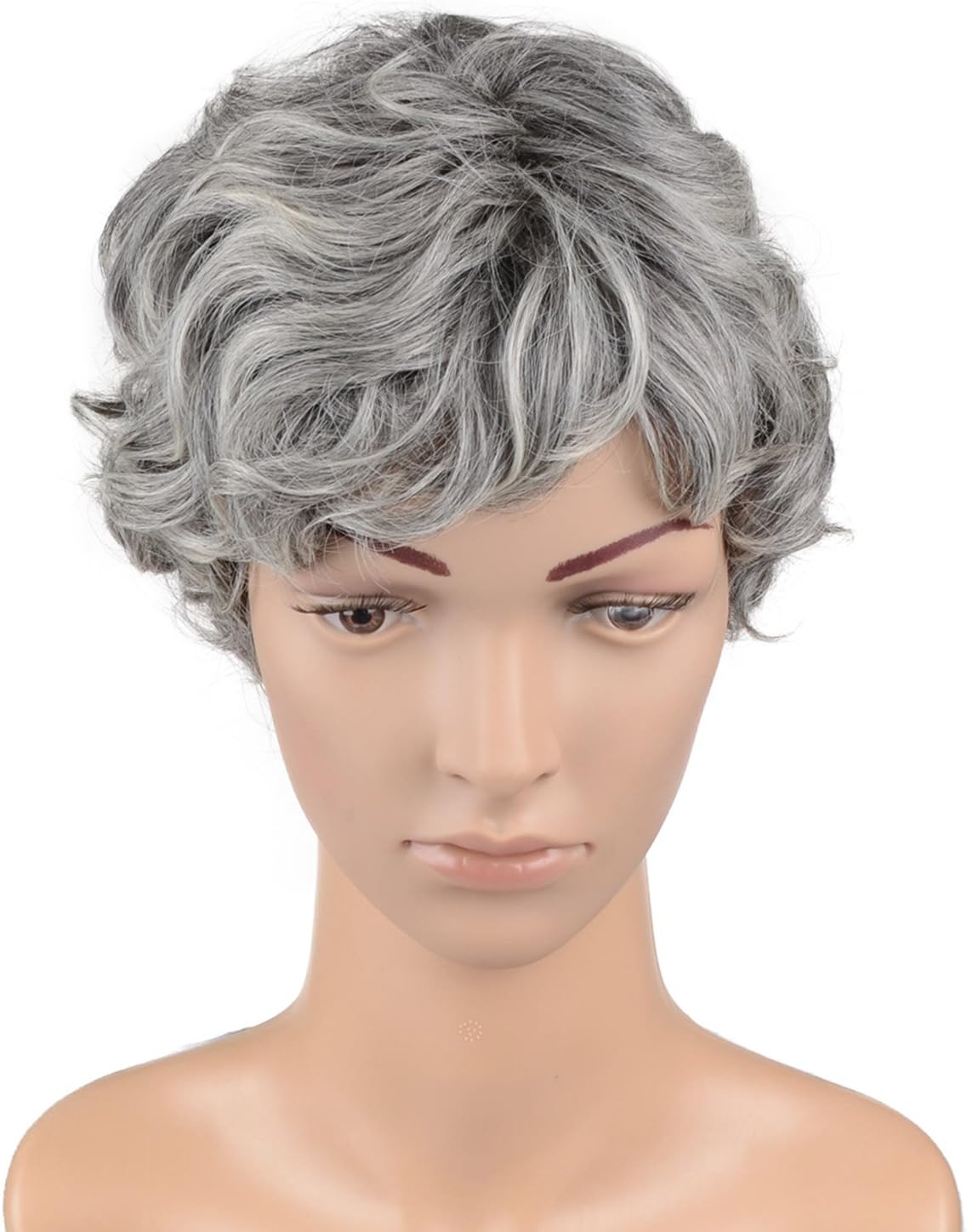 Hawkko Curly Short Cosplay Women Wig Kanekalon Fiber Party Wigs, Granny Gray