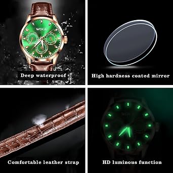 Singular-Point Luminous Waterproof Men's Watch Analog Quartz Watch Green Face Simple Business Watch Leather Strap Clock Men's Gift