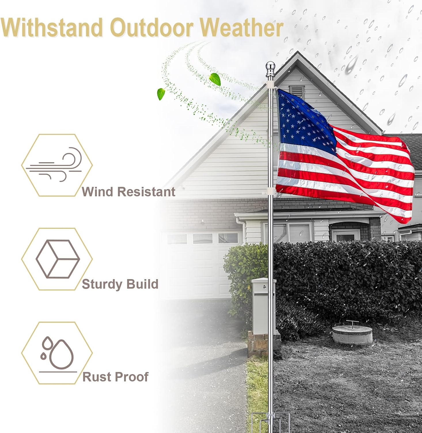 Ground Flag Poles for Outside House - 1" Tangle Free Flag Pole Kit with 5 Prong - 8ft Yard Flag Stand for Outdoor,Wind Resistant & Rustproof for Garden - Silver