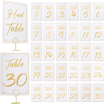 Gold Table Numbers 1-30 with Holder and Head Table Card, 4x6 Double Sided Table Number with Highly Visible Numbers for Wedding Anniversary Birthday Restaurant Anniversary