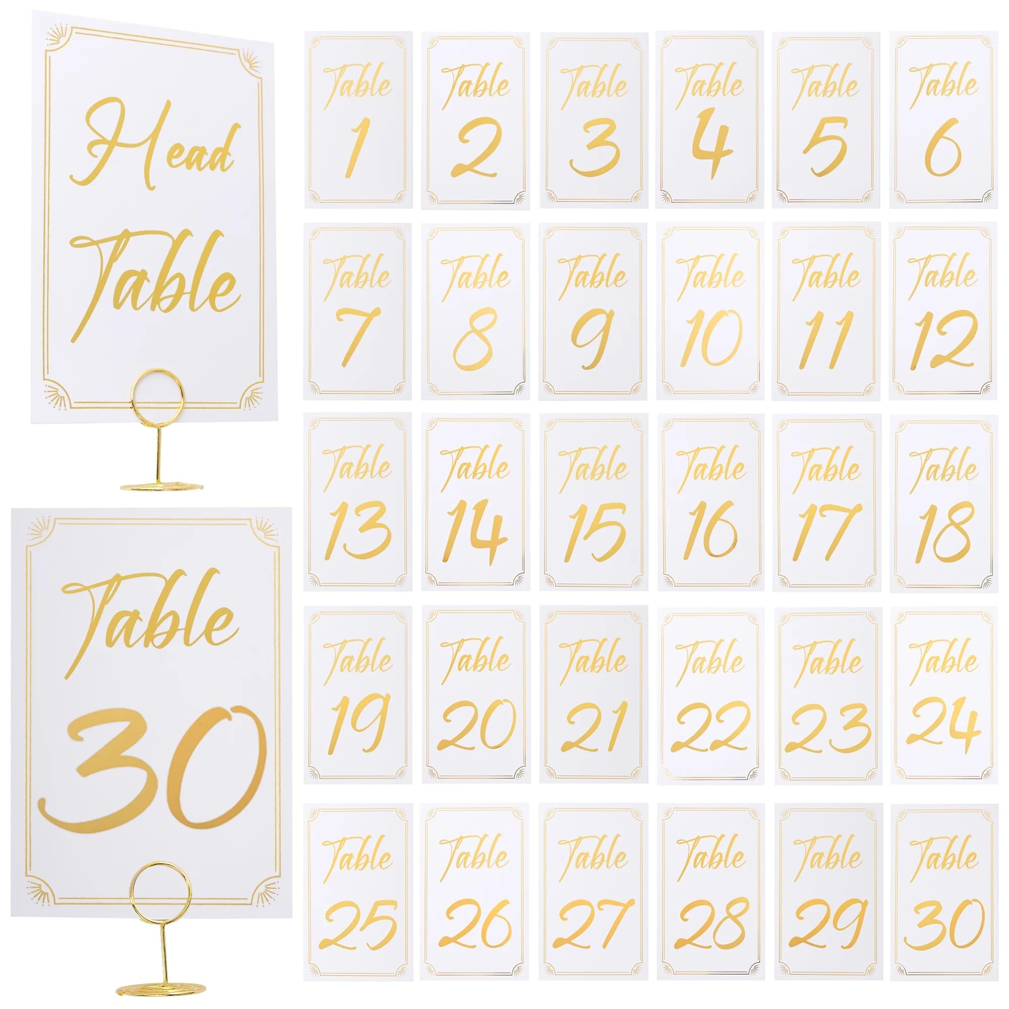 Números de mesa dorados del 1 al 30 con soporte para tarjetas de mesa y soportes para números de mesa, elegante letrero de asiento de 4 x 6 pulgadas con números altamente visibles para recepción de