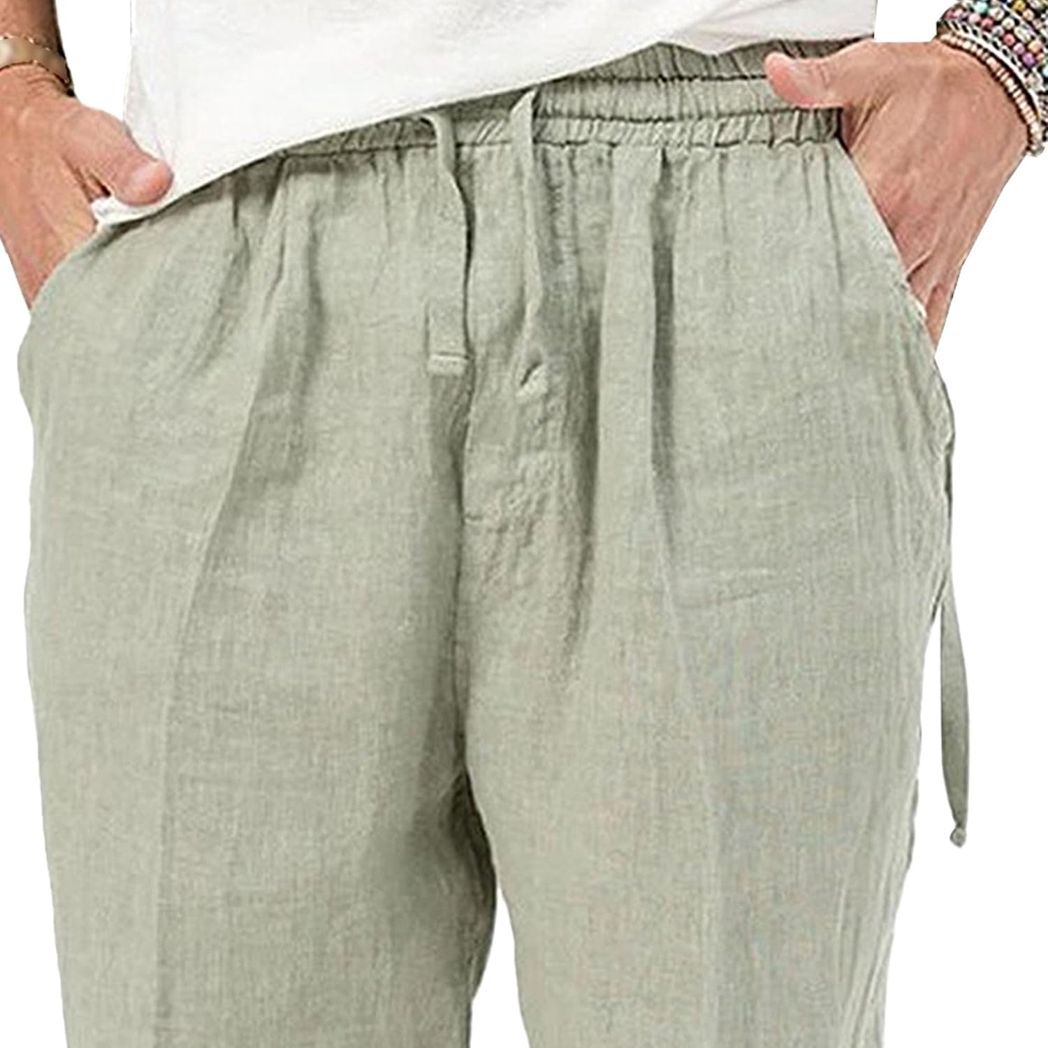 Men's Cotton Linen Drawstring Casual Pants Baggy Solid Elastic Waist Jogging Pants Comfort Breathable Beach Trousers