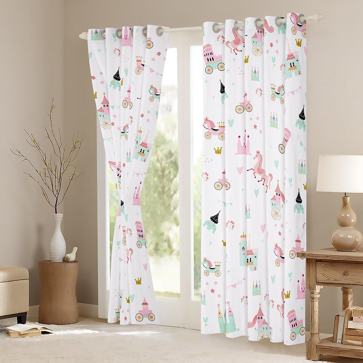 Tende per finestre in stile principessa per bambini, per camera da letto e salotto, tende rosa per ragazzi e ragazze, decorazione per camera da letto, tende con carrozza, per donne e uomini