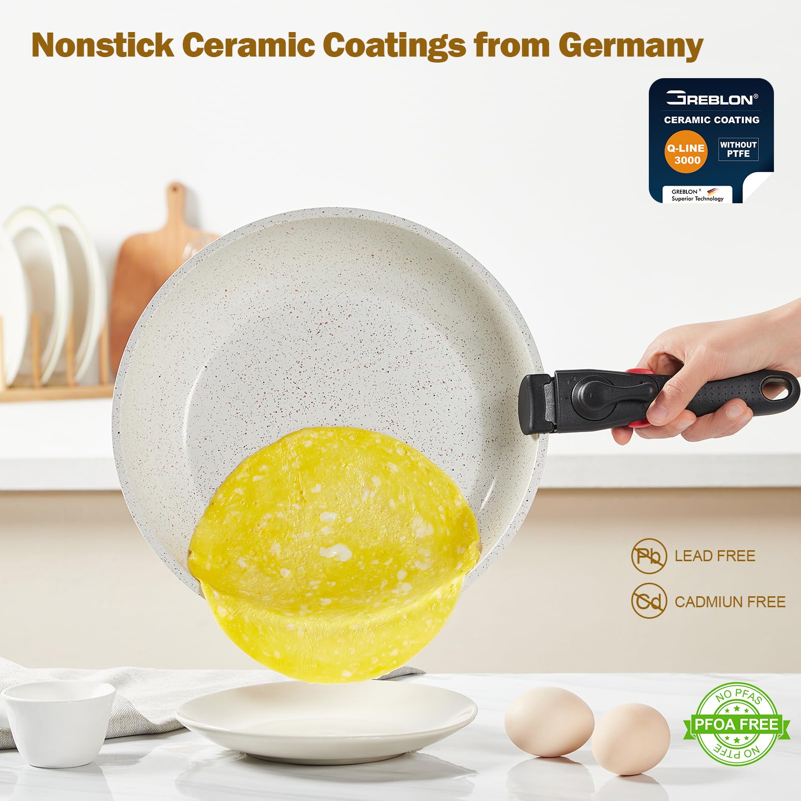 ROSSETTO Batterie de Cuisine, Set de casserole poele induction avec poignée amovible et revêtement anti-adhésif en céramique, empilable Set de casseroles (Gris Cendré, 15 pièces)