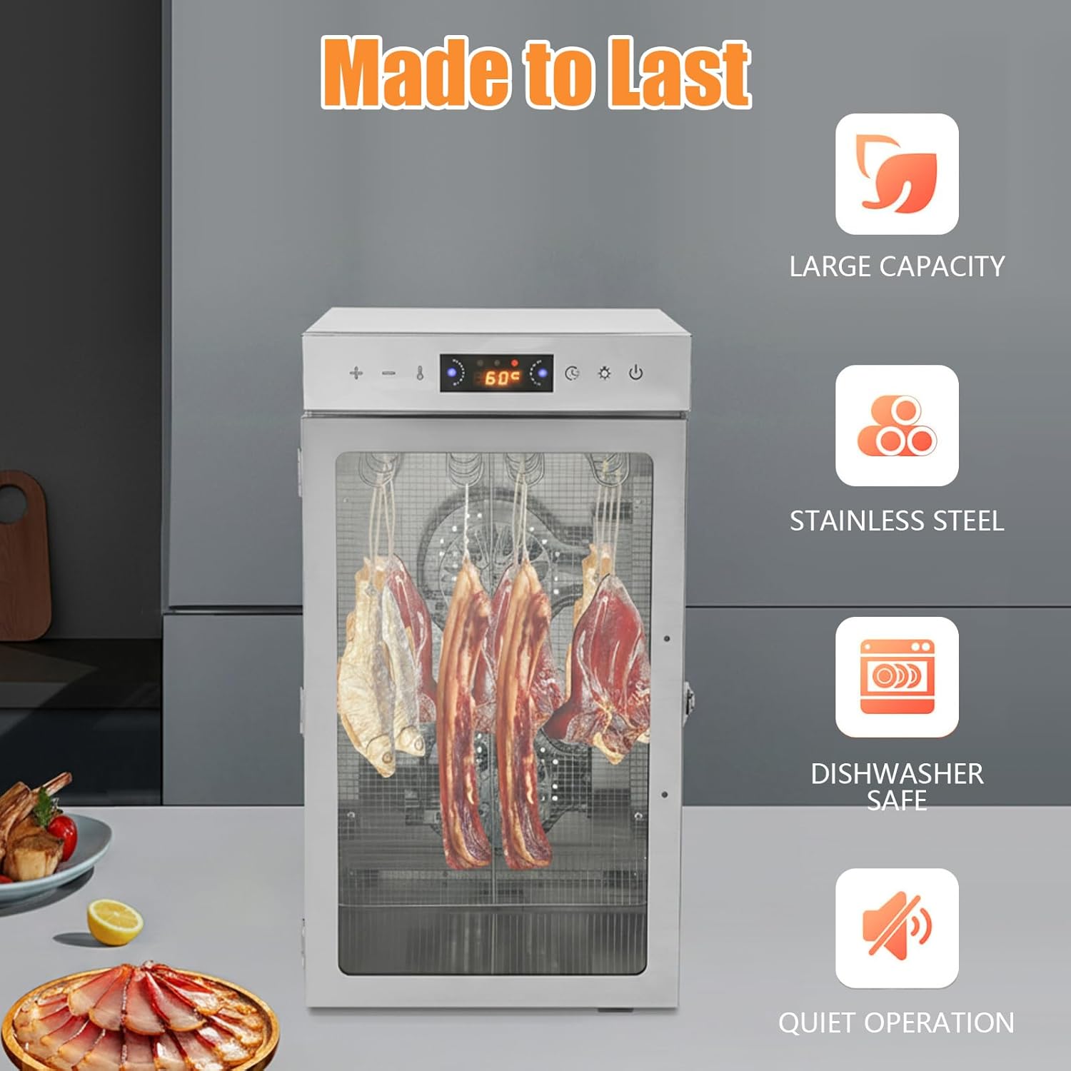 12 Hook Upgraded Commercial Dehydrator, 800W 110V Stainles Steel Small Meat Curing Chamber Box Large Capacity Maker Box Drying Cabinet w/86-176 °F Temperature &Time Control for Meat Vegetable