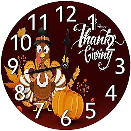 Amazon Co Jp 幸せな感謝祭の壁掛け時計非カチカチ音をたてる トルコを身に着けている巡礼者の帽子パンプキン茶色の丸い壁掛け時計居間の寝室の装飾のために作動する電池 ホーム キッチン