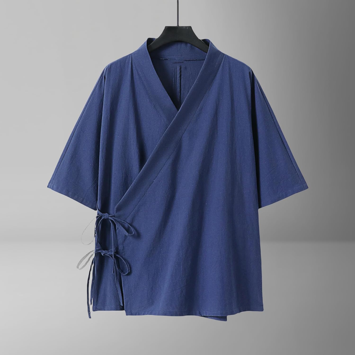 Men's Chinese Style Cotton Linen Three Quarter Sleeve Oblique Placket Costume Traditional Stand Collar Loose Fit