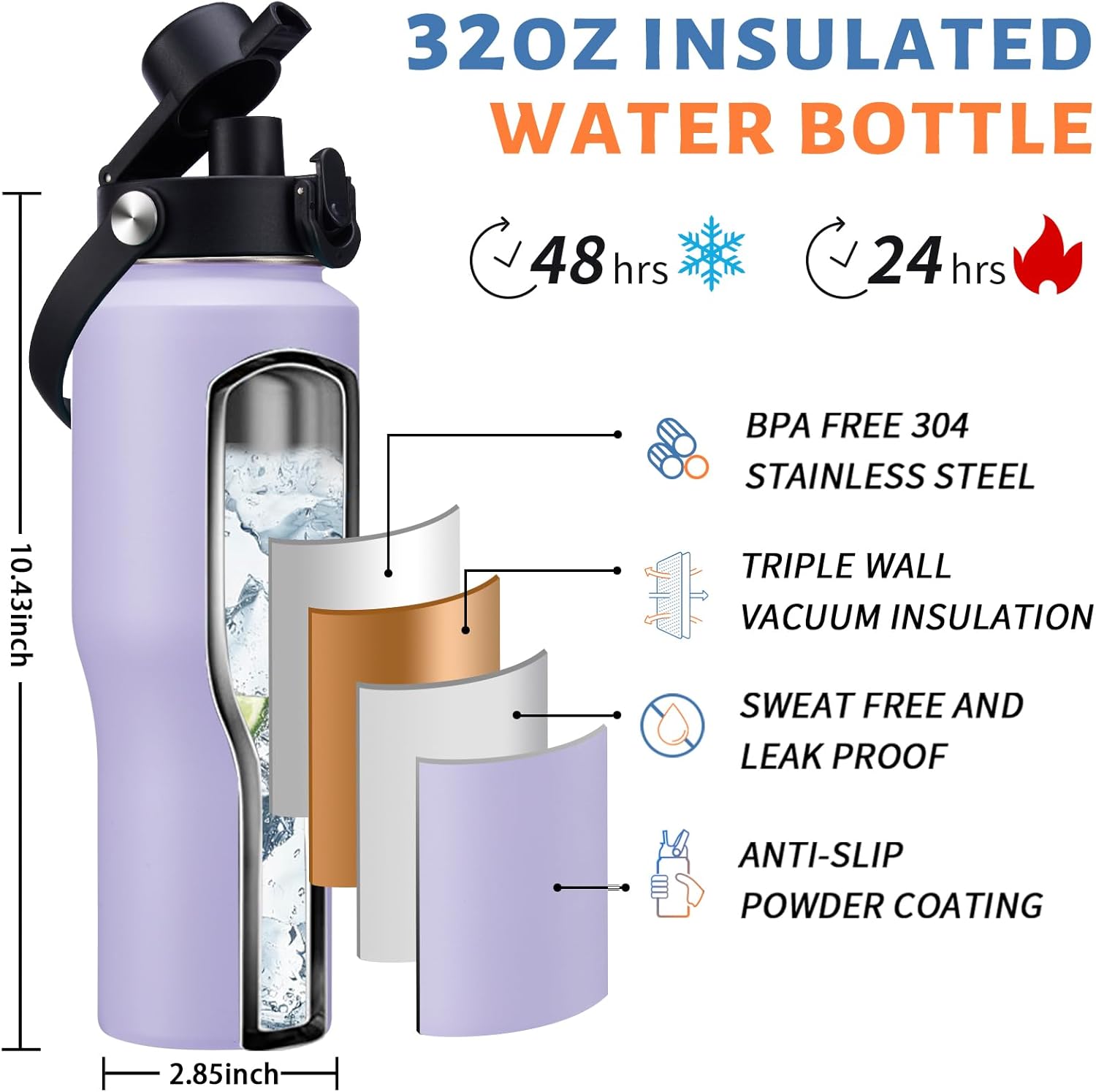 32oz 40oz Insulated Water Bottle with Straw - Keep Cold 48h or Hot 24h, Insulated Tumbler with Auto Spout Lid Fits in any Car Cup Holder, Metal Water Bottle Travel Coffee Mug for Car, Gym, Office - Image 3