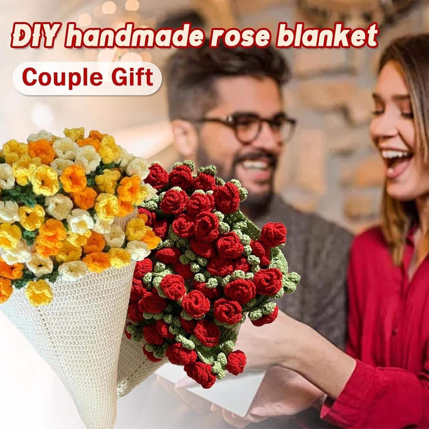 Flower Bouquet Blanket, Handmade Crochet Flower Blanket Scarf Tablecloth, Soft and Lightweight Knitted Throw Blankets for Birthday Wedding Valentine’s Day Home Decor (sunflower)