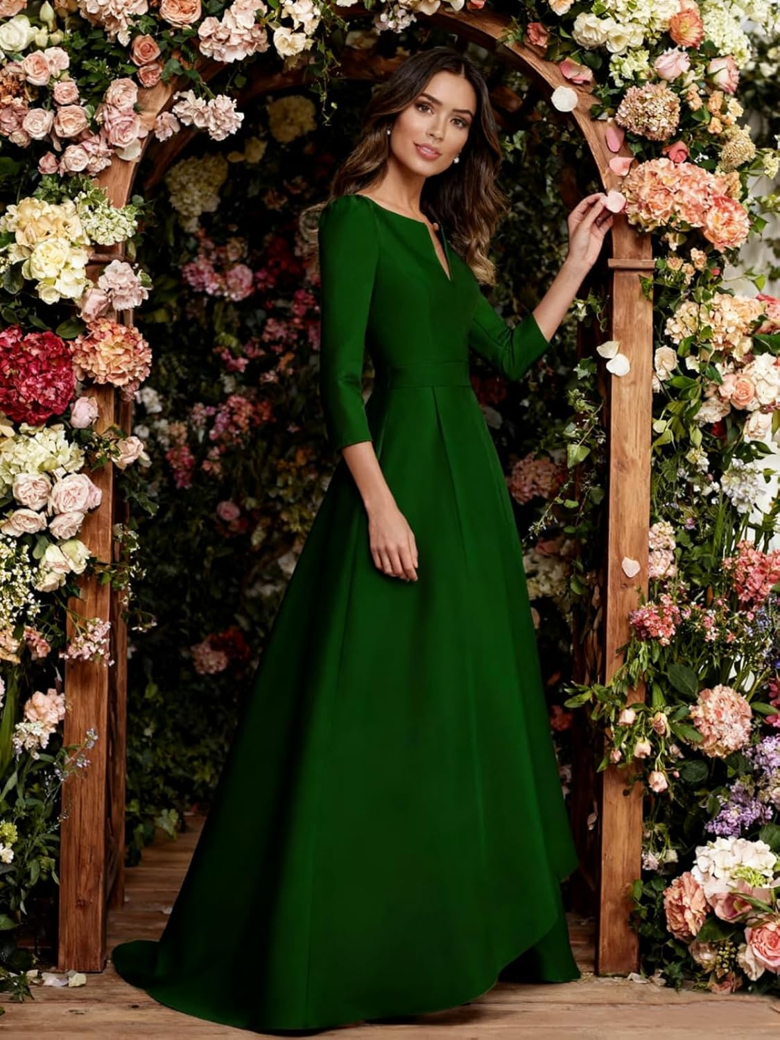 Long Sleeve Satin Mother of The Bride Dresses High Low A Line Empire Waist Formal Evening Gowns with Pockets
