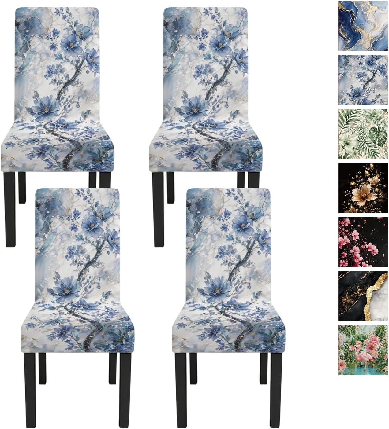 Blue Floral Dining Chair Covers Set of 4 - Stretch Slipcover | Vintage blue floral dining chair covers, set of 4; high-stretch washable slipcovers for dining room or parsons chairs