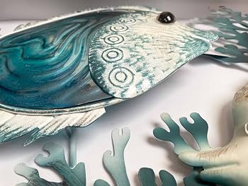 Déco Murale Poisson Tropical Bleu Métal Et Verre - 46 Cm - Style Océan Pour Salon Chambre