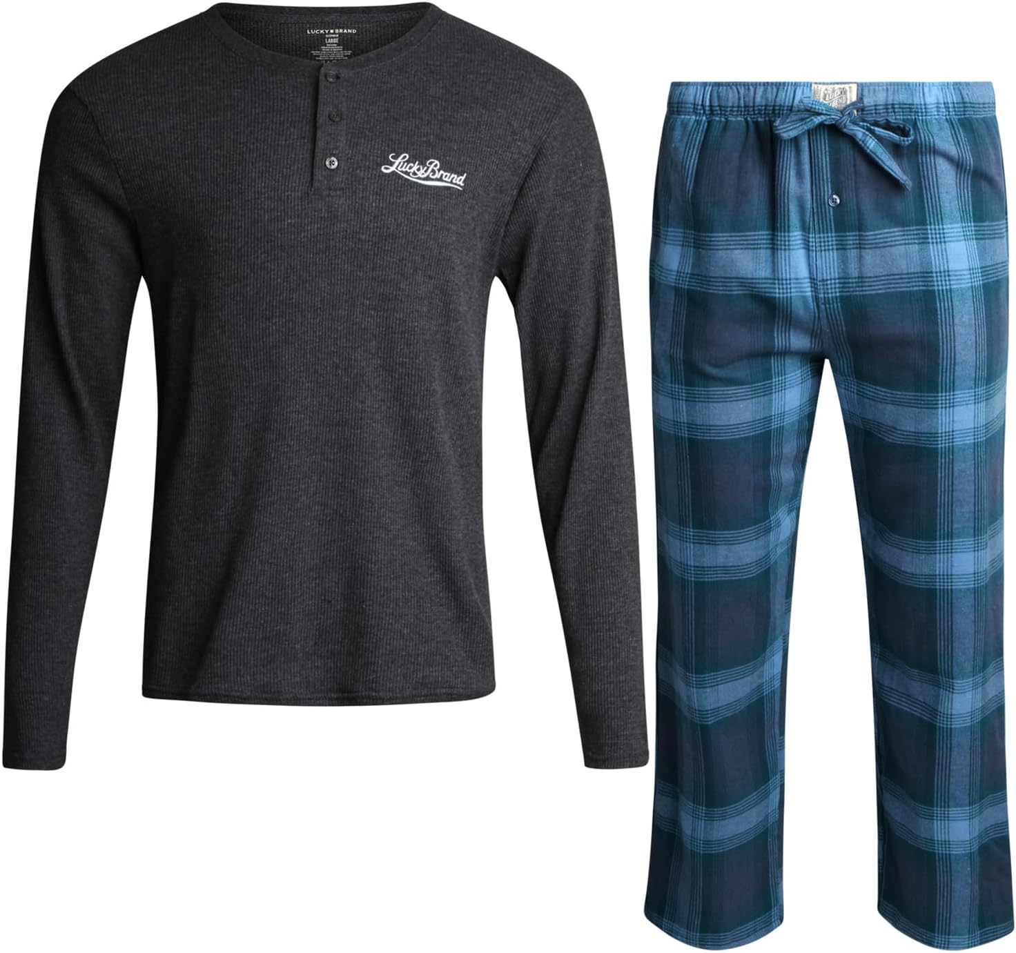 Lucky Brand Mens Pajamas Set - 2 Piece Soft Long Sleeve TShirt Men & 30'' Inseam Flannel Pajama Pants Sleepwear Lounge PJ Set