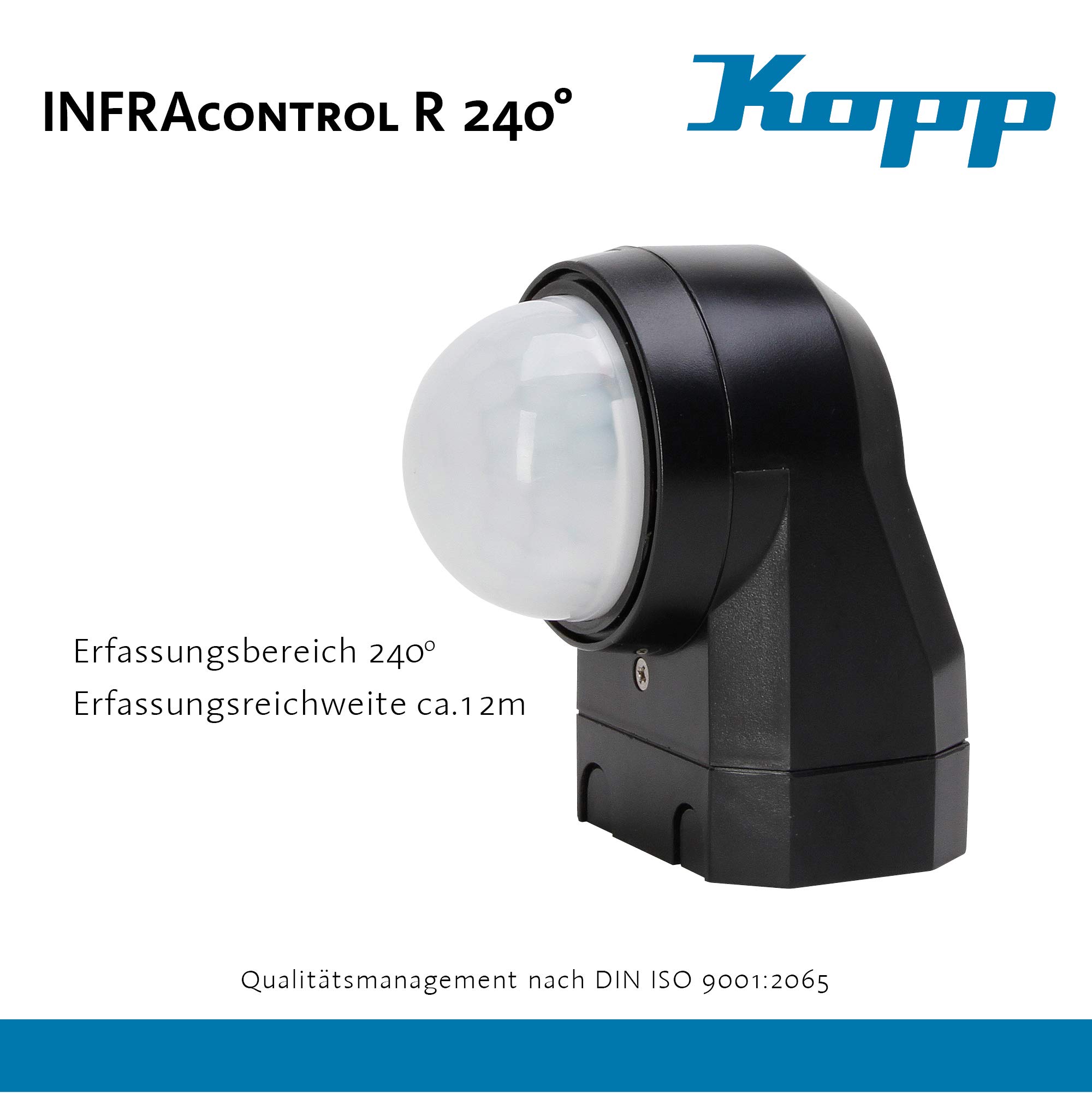 Kopp Infracontrol Détecteur de mouvement, 240°, portée 12m, détecteur de mouvement infrarouge en saillie pour l'extérieur et l'intérieur, IP54, noir, 824605012