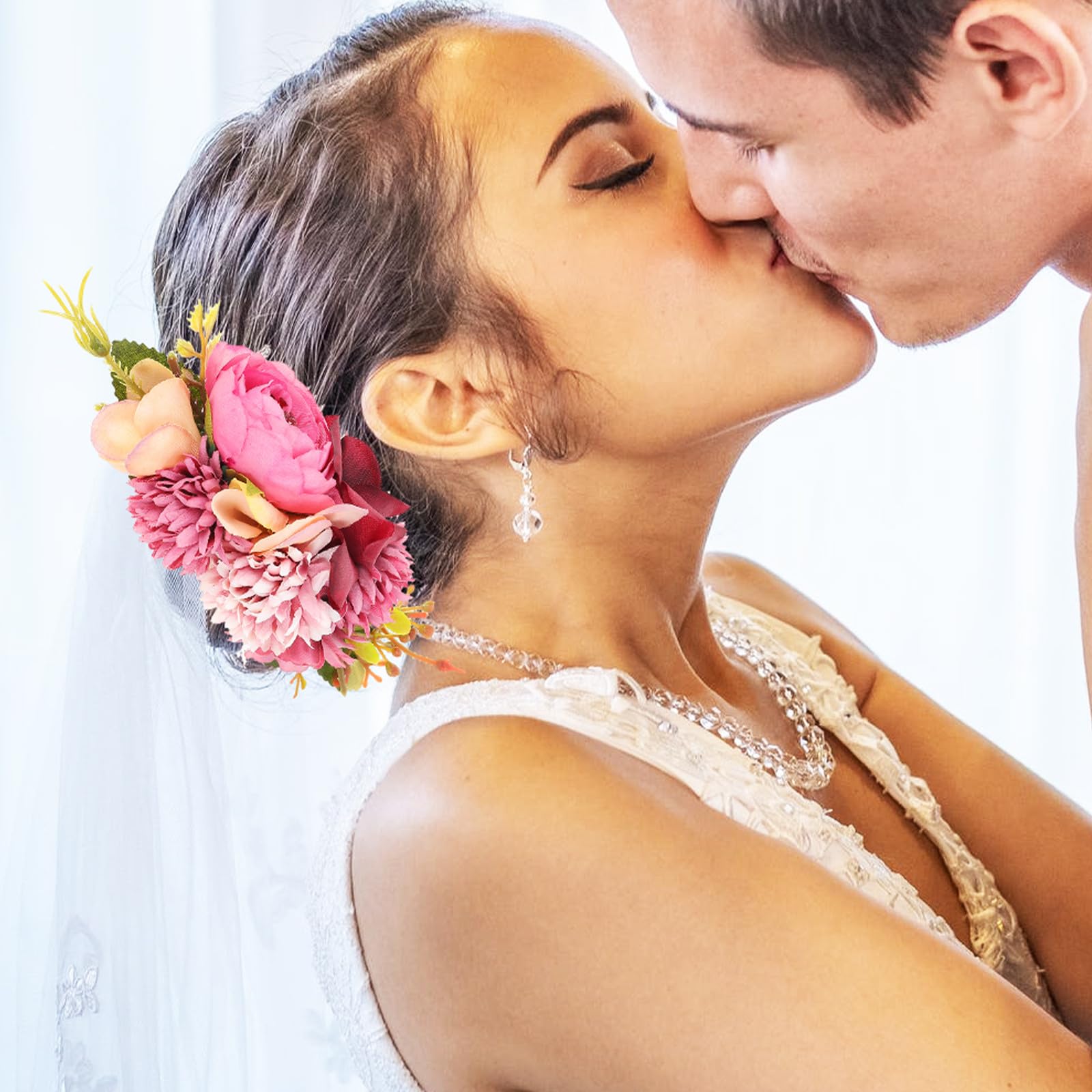 LABRIMP Peineta de Tela Flores Rosa Fucsia, Tocado Floral para Novia y Vacaciones Playa, Diseño Romántico Compacto y Liviano, Accesorio para Boda y Fiestas Obsequios