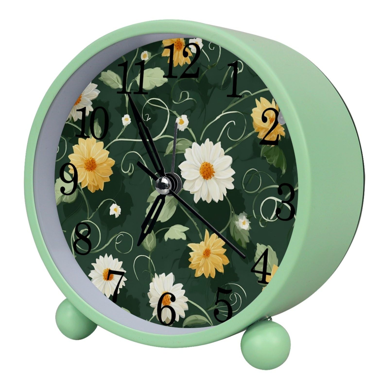 etoenbrc Florals Round Battery Operated Bedside Alarm Clock Non-Ticking Desktop Silent Analog Alarm Clock with Light