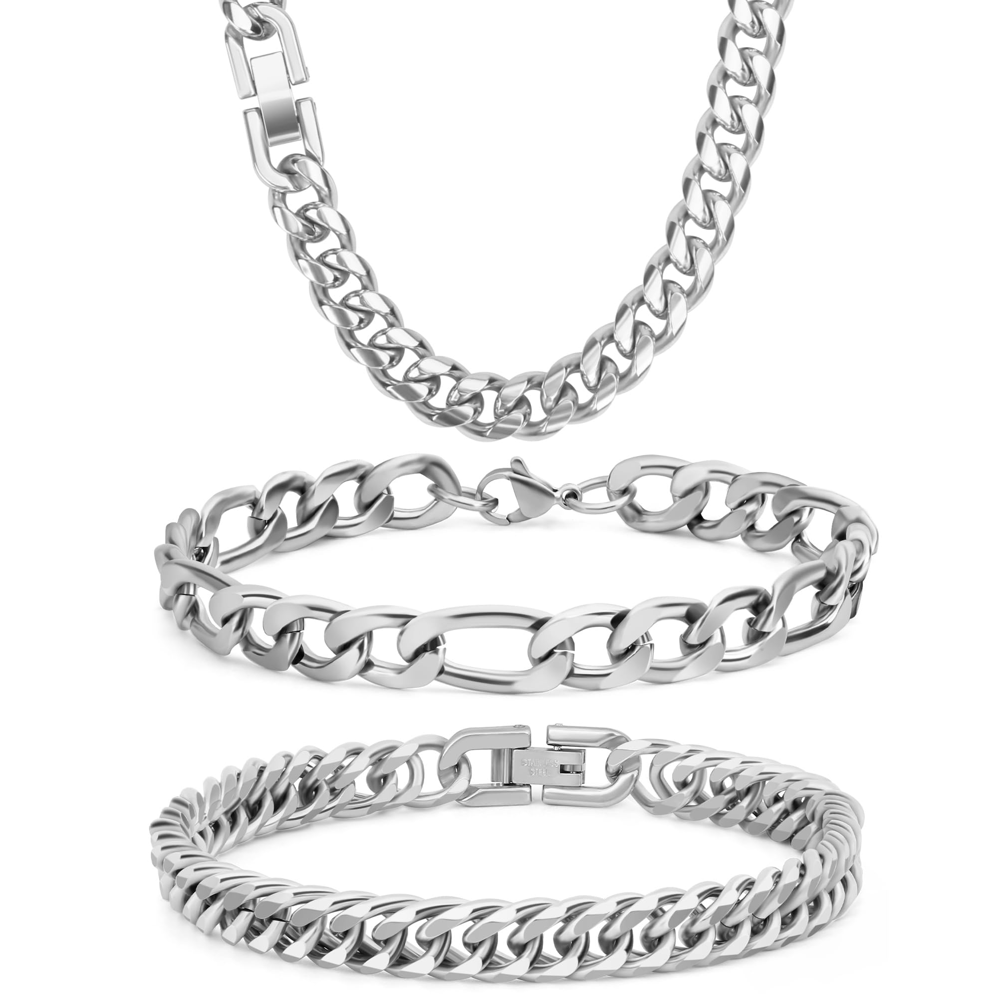 Set van 3 halskettingen en armbanden voor heren, roestvrij
