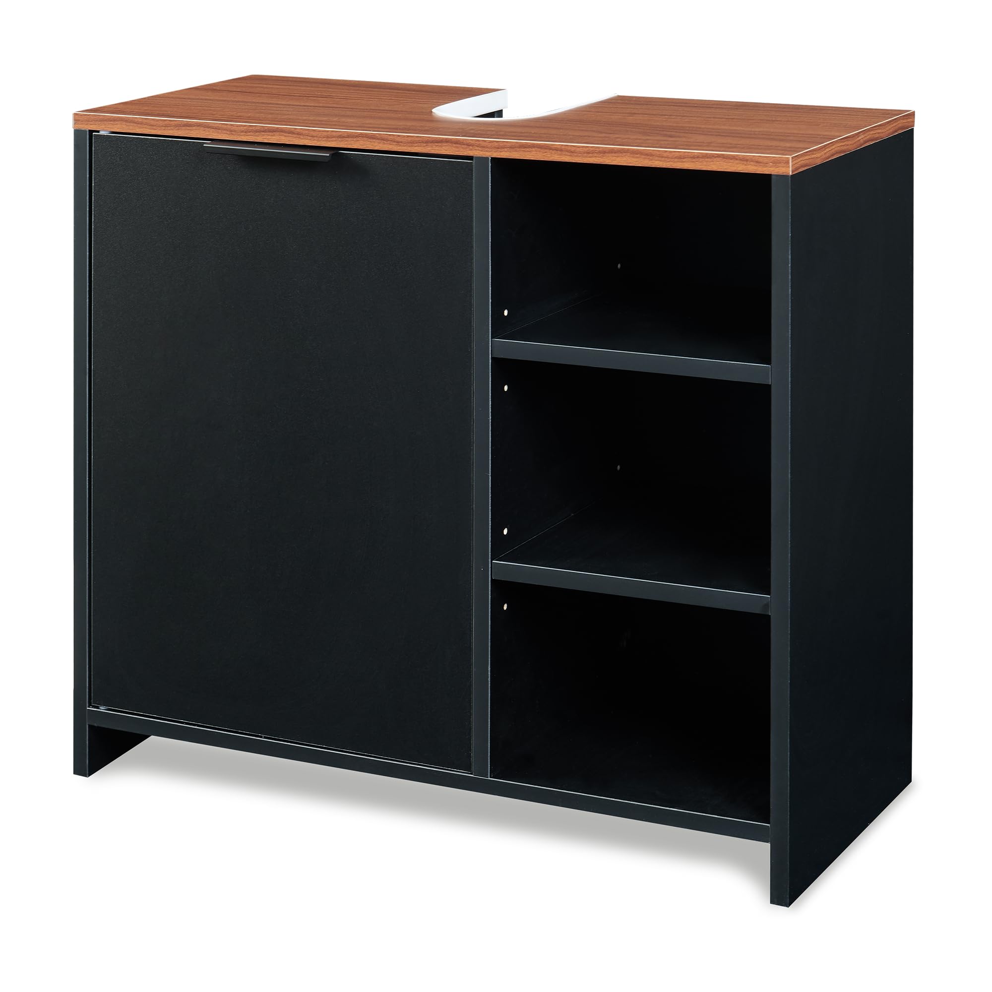 [en.casa] Mobile Sottolavabo da Terra con Anta Armadio da Bagno Sotto Lavandino con Scomparto Chiuso Ritaglio Sifone e 3 Ripiani Vani Aperti Lavanderia 60 x 66 x 30 cm - Nero/Effetto Noce