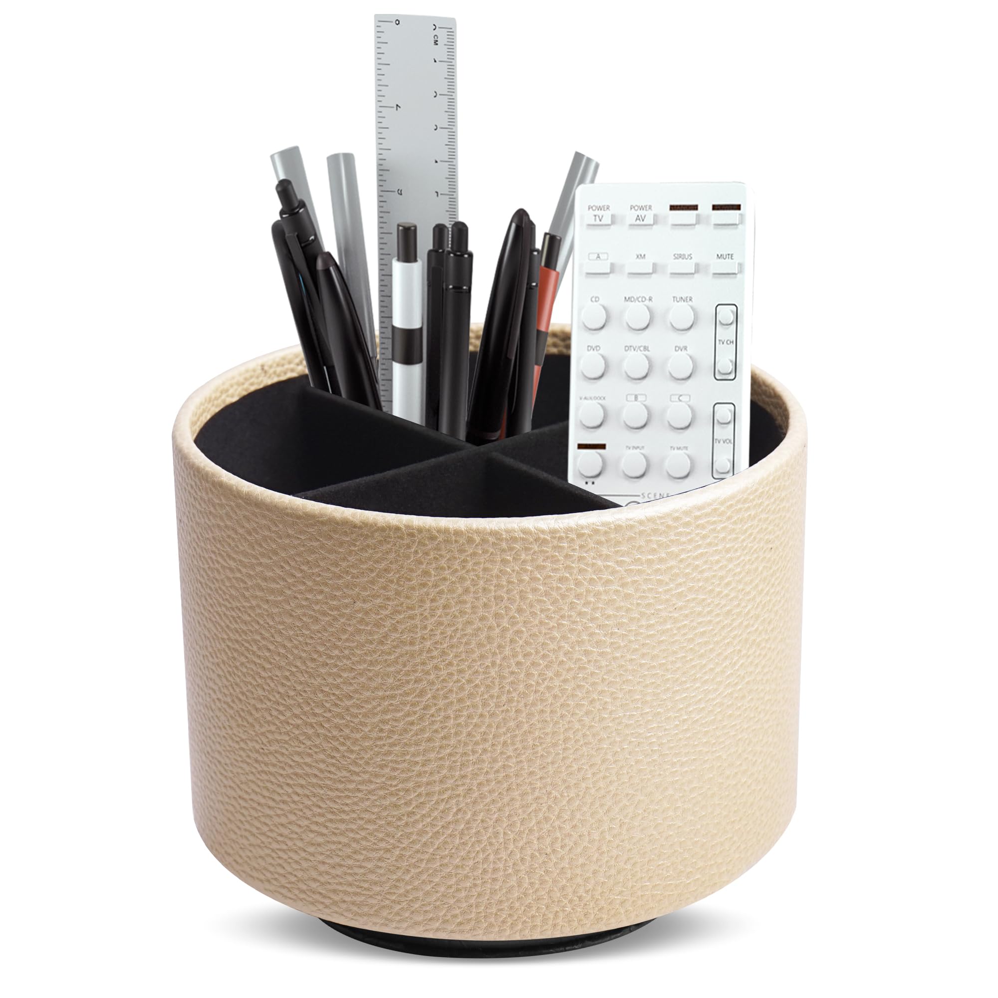 Mtzmy Round Leather Art Supply Organizer,Remote Control Holder,360 Degree Spinning,Multi-Functional Pencil Holder,4 Compartments Desktop Stationary Organizer(1-Lichee Gold)