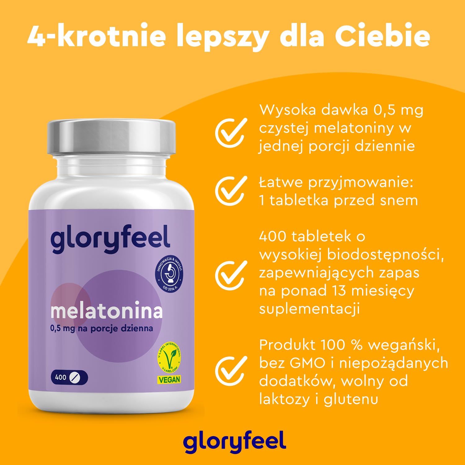 Melatonina - Wysoka dawka - 400 tabletek (13 miesięcy) - 0,5 mg bioaktywnej melatoniny na dzienną dawkę - 100% wegańska - Testowane laboratoryjnie - Wyprodukowano w DE bez niepotrzebnych dodatków