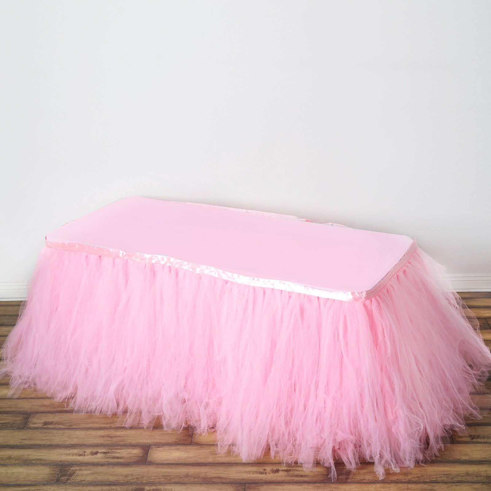 TABLECLOTHSFACTORY 21ft FULL SIZE 8 Layer Fluffy Tulle - Tutu Table Skirt - Rose Quartz Pink