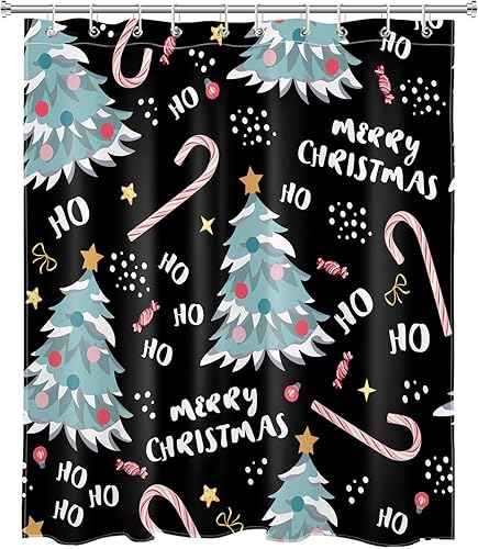 Miniatura 9 de Cortina de ducha azul con árbol de Navidad para baño, divertido patrón de dibujos animados y estrellas dulces sobre tela rosa con 12 ganchos, juego