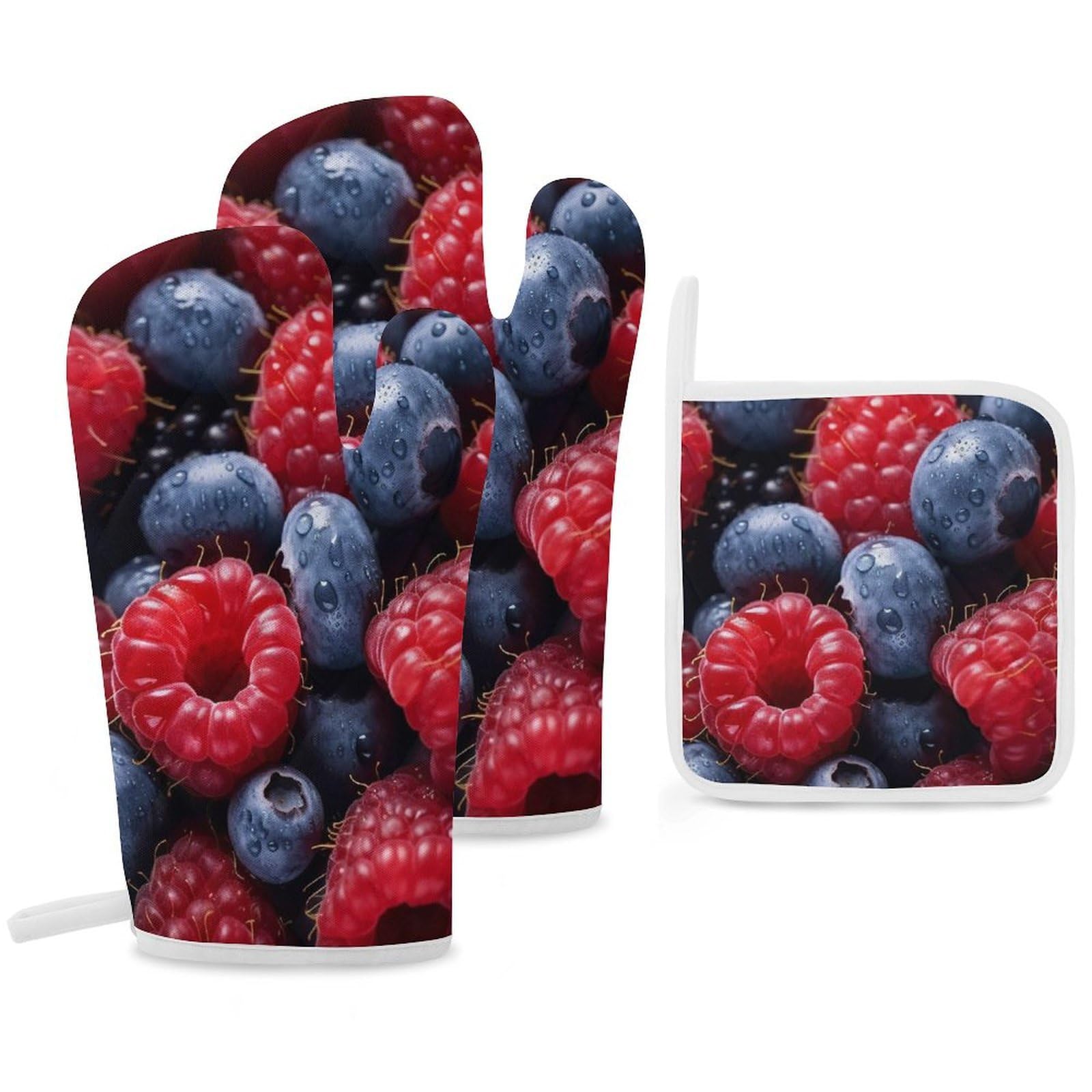 Oven Mitts And Pot Holders Sets of 3 Heat Resistant BBQ Gloves Different Raspberries Oven Mitts Gloves Non-Slip Kitchen Mittens Potholders for Cooking Baking Grilling BBQ Microwave