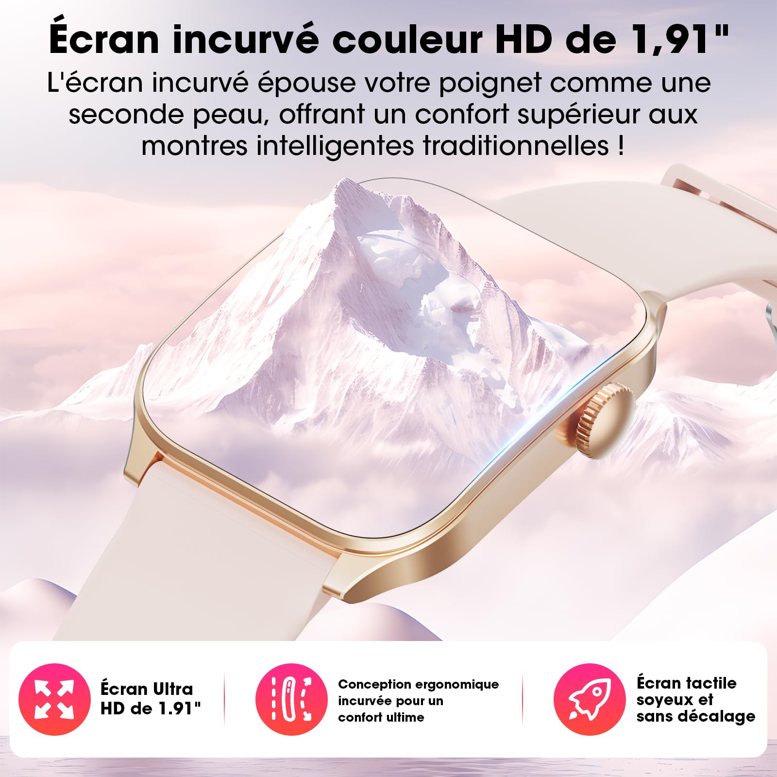 Montre Connectée Femme Homme,1.91'' Écran Incurvé avec Appels Bluetooth,120+ Sportifs Montre Sport avec Moniteur Sommeil/Fréquence Cardiaque/Podomètre,Etanche IP67 Smartwatch pour Android iOS