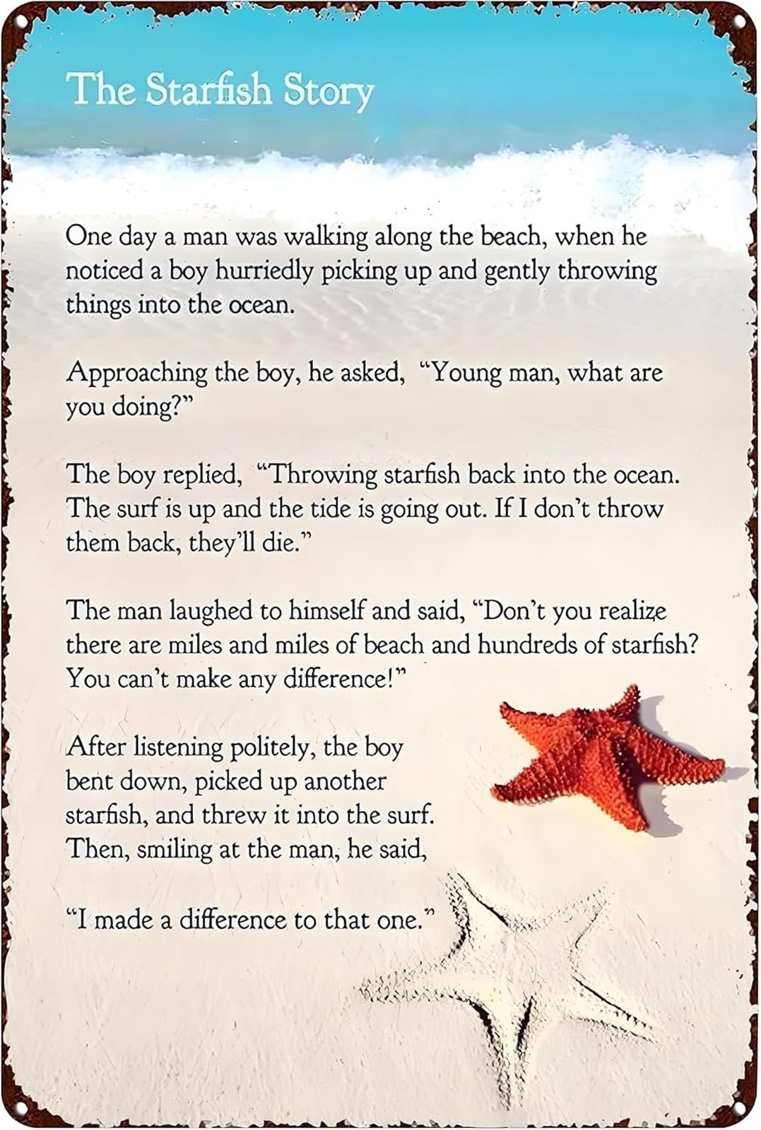 PKNVKZIDK Starfish Story Distressed Metal Plaque Coastal Ocean Theme for Bar Pub Sunroom Decor 8 X 12 in
