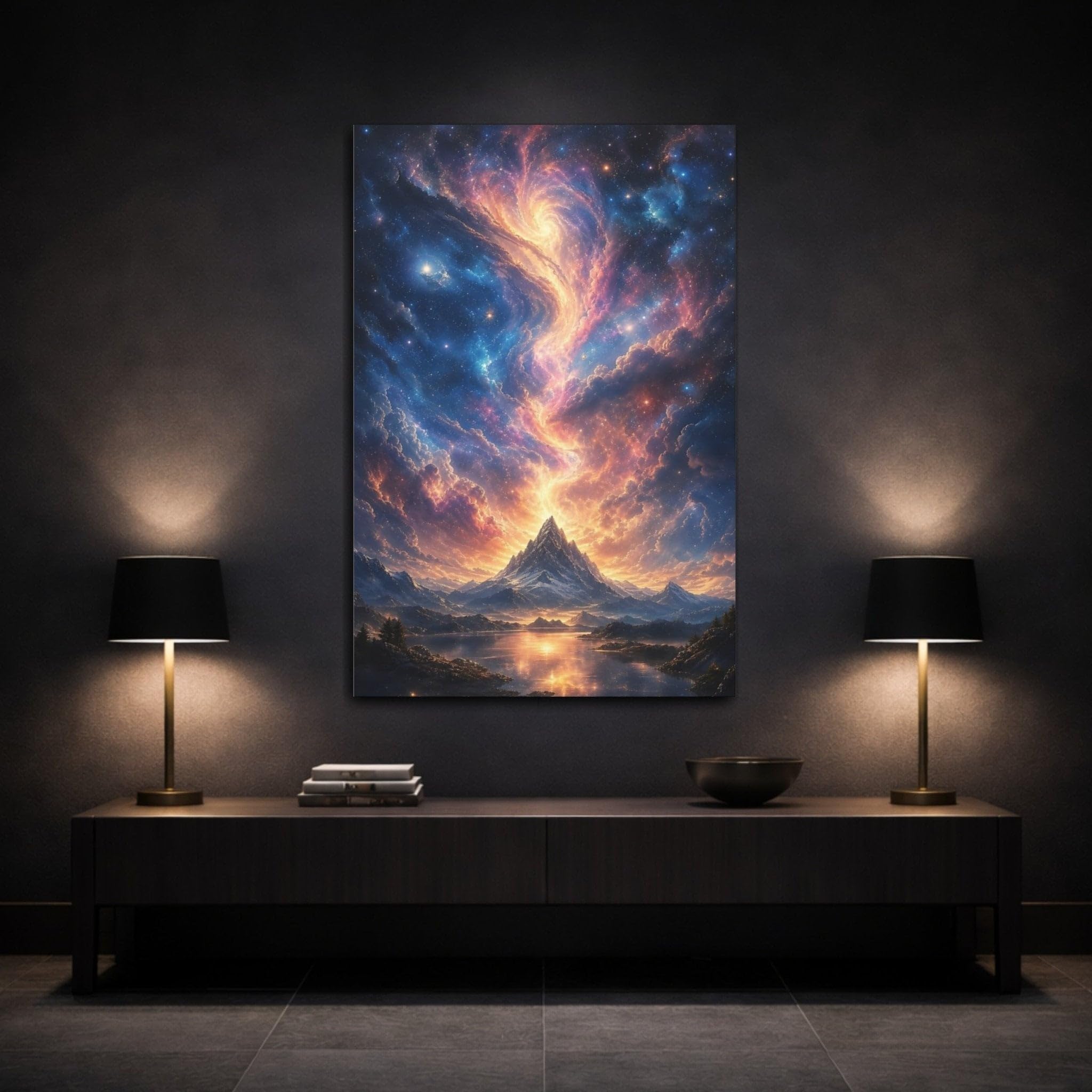 Science Fiction Celestial Mountain Orange Blue Canvas Print – Living Room, Above Couch, Multi-color 12×18 inch (30×45 cm) - Vertical / 1.25 inch (3 cm)