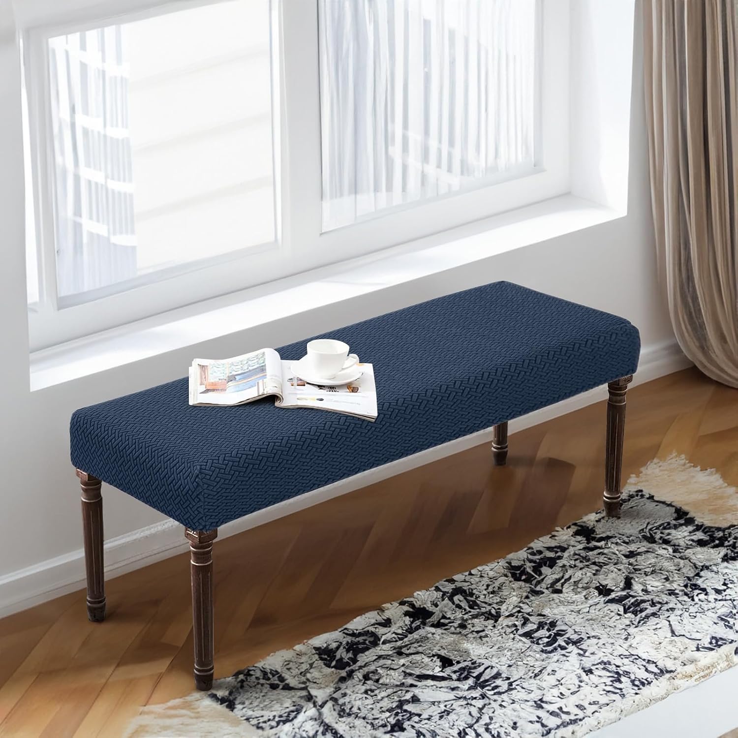 Bench Cover - Stretch Jacquard Bench Covers for Dining Room & Living Room - Anti-Dust Removable Slipcover - Washable Seat Protector - Navy Blue