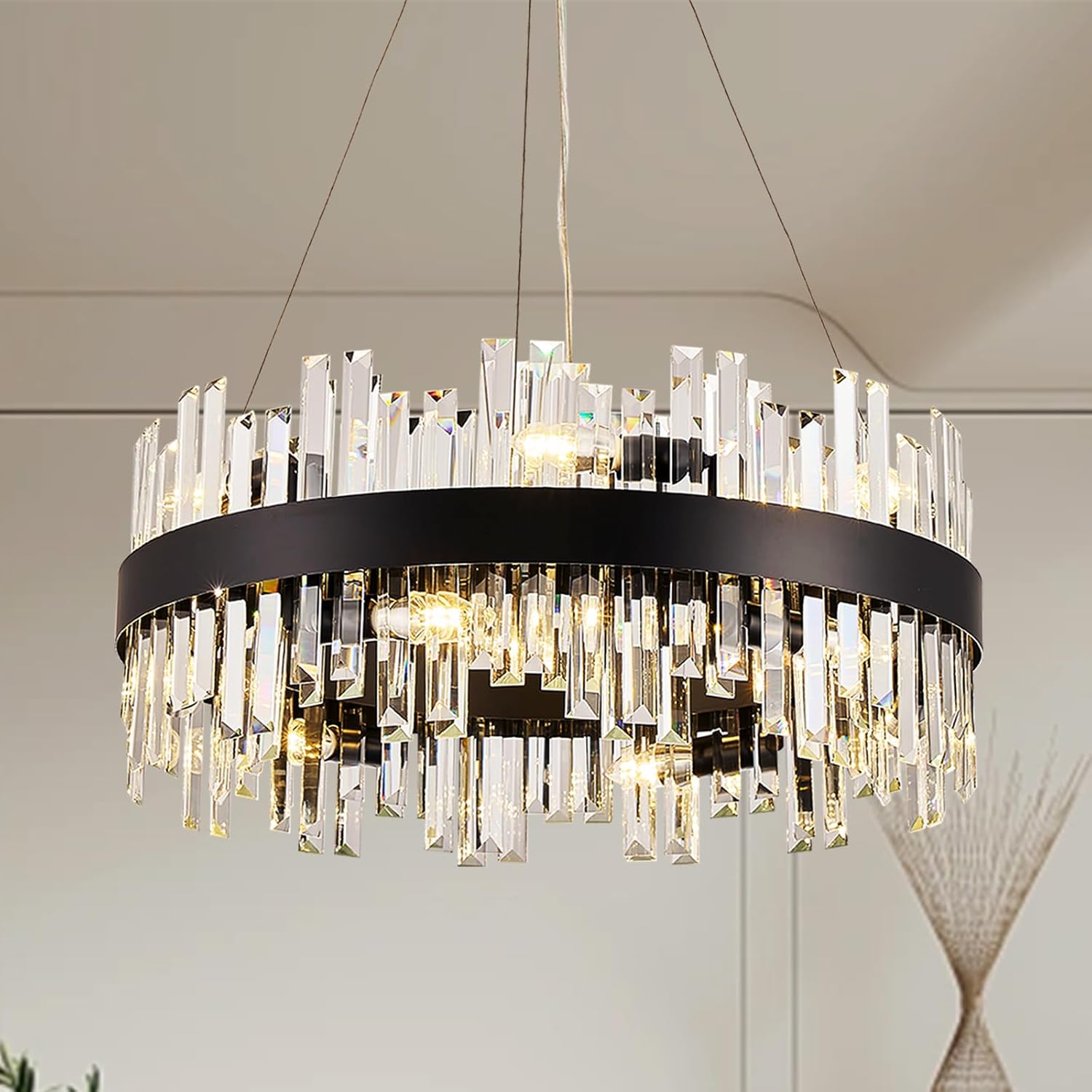Black Crystal Chandelier Round Crystal Pendant Light – 23.6" 12-Light K9 Modern Chandeliers for Kitchen Dining Living Room Bedroom Entryway Black 24"