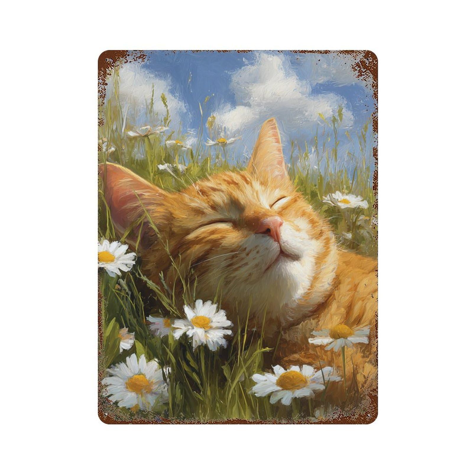 Garage Style Cat in Daisy Field -6 Distressed Metal Wall Sign 15.7"x11.8", Classic Wall Plaque for Bar And Workshop