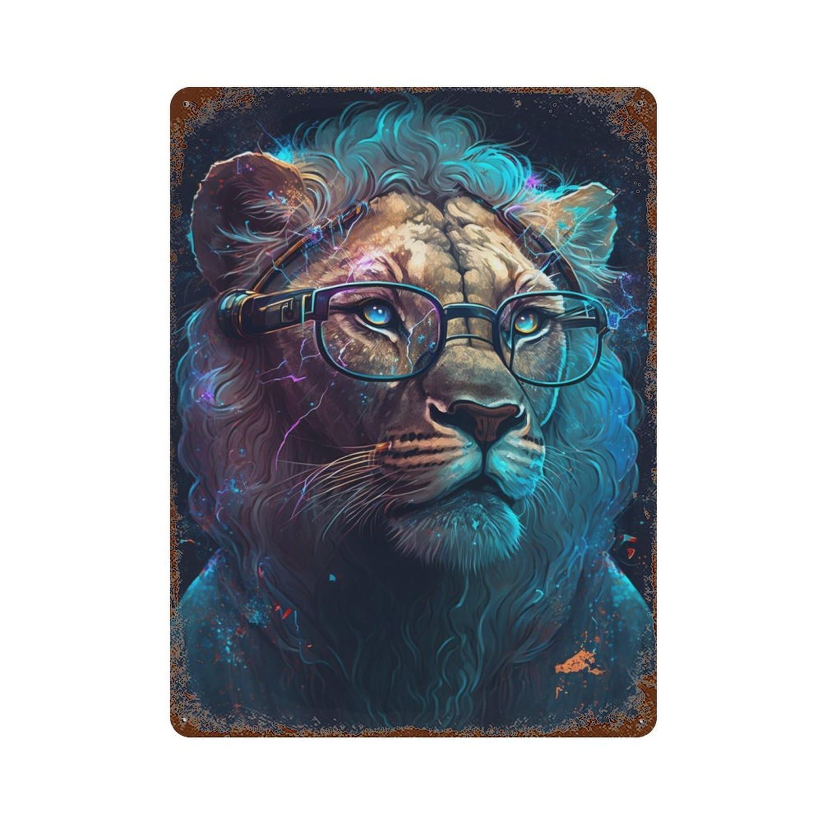 Stylish Lion with Glasses Vintage Metal Tin Sign 15.7"x11.8", Novelty Wall Decor for Garage, Pub Or Kitchen