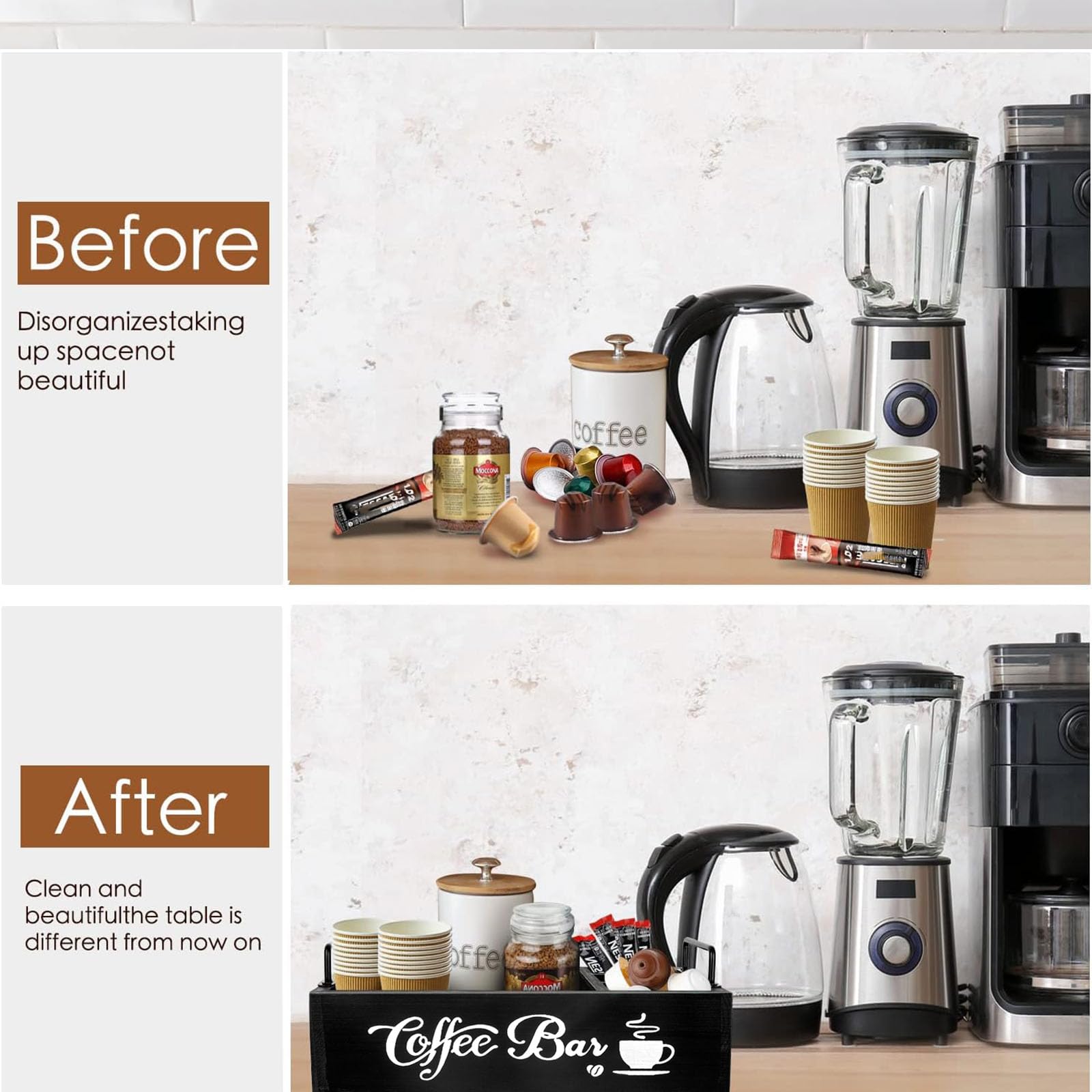 Organizador de Café y Té-Caja de Madera para Accesorios de Cafetera-Caja Infusiones -Caja de Te -Bandeja con de Madera 4 Compartimentos para Infusiones Azucarillos Tazas Cápsulas (Negro)