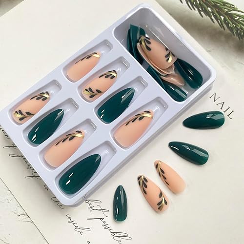 Miniatura 2 de 24 uñas postizas a presión en forma de almendra de longitud media, uñas postizas verdes con diseños de hojas doradas, uñas acrílicas de cobertura