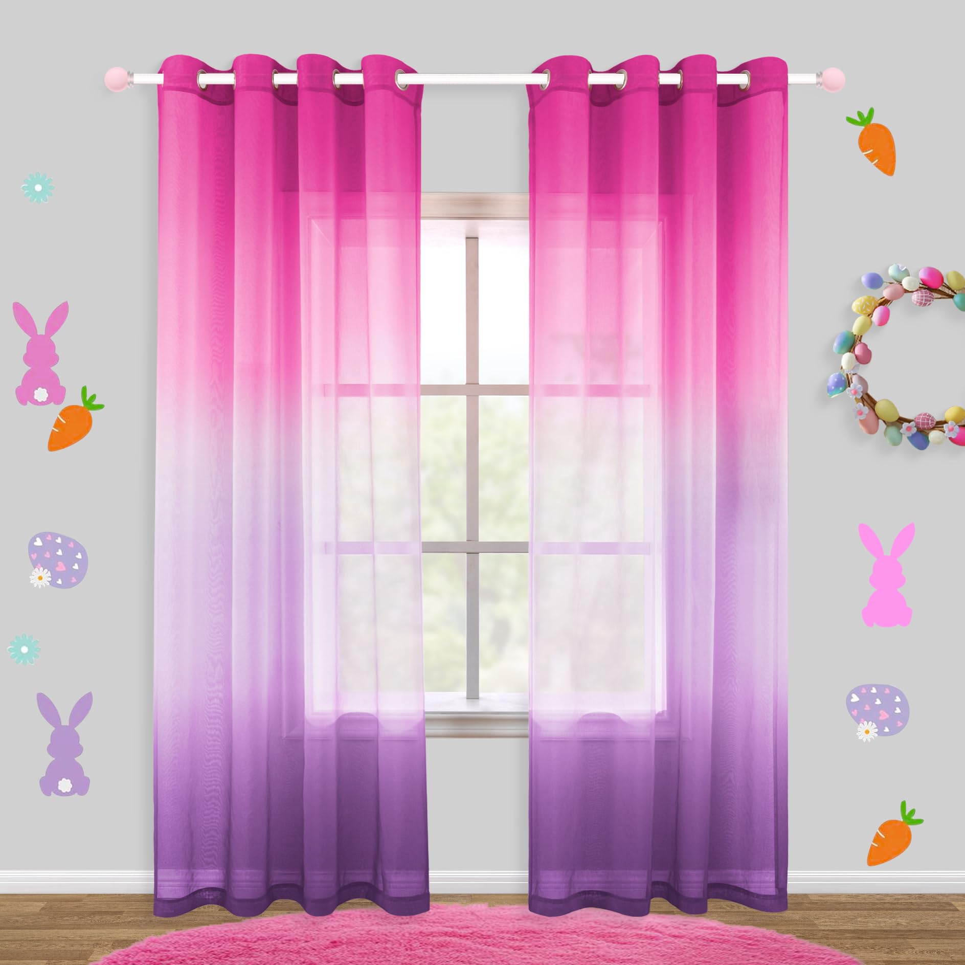 KOUFALL Purple and Hot Pink Sheer Curtains 2 Panels 84 Inches Long,Preppy Princess Coquette Curtains for Teen Girls Bedroom