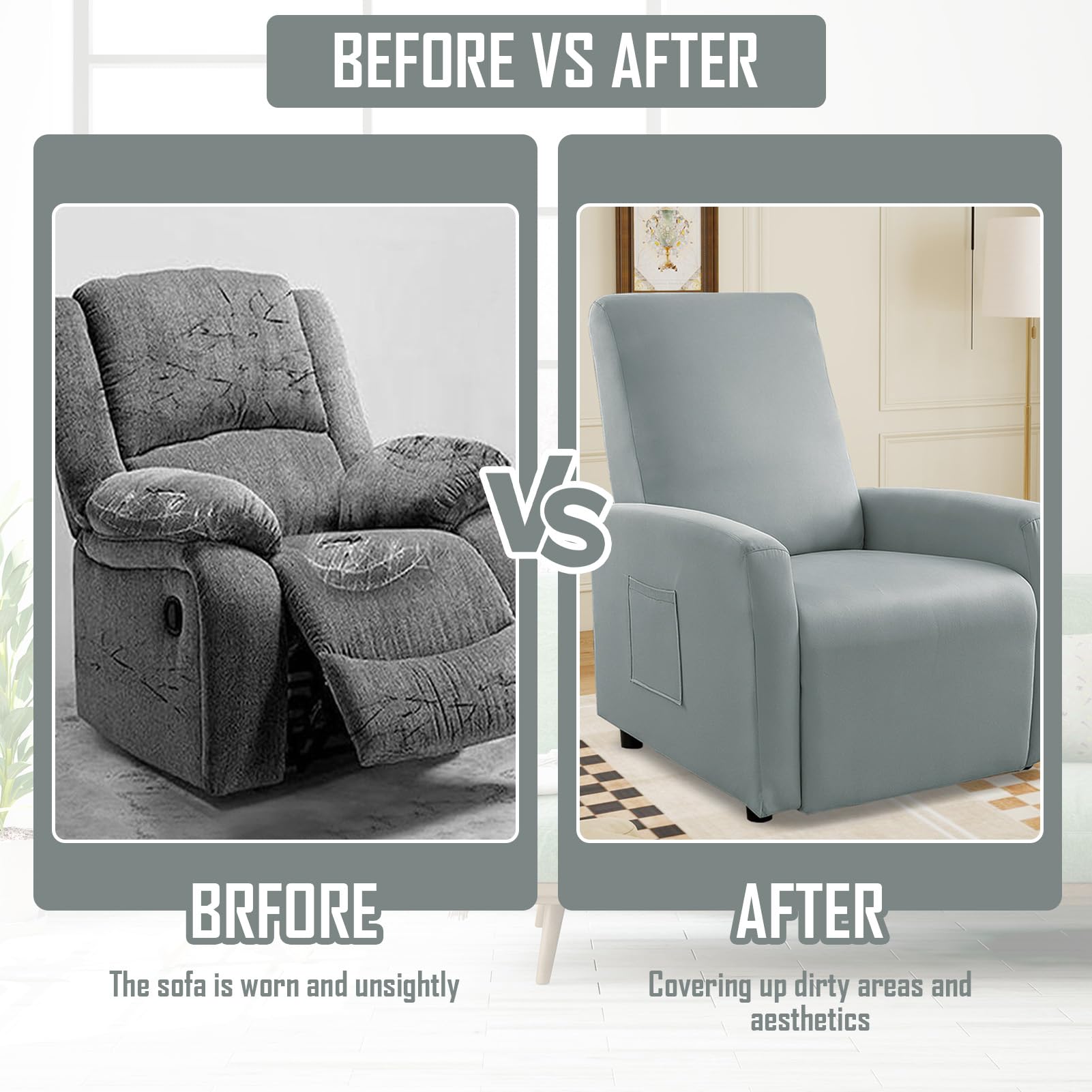 MeYuxg Copri Poltrona Relax Reclinabile a 1 Posto, Elasticizzato Copripoltrona Relax Reclinabile con Tasche, Impermeabile Copri Poltrona Totale, per Poltronas Relaxs e TV(Grigio Chiaro, 4 Pezzi)