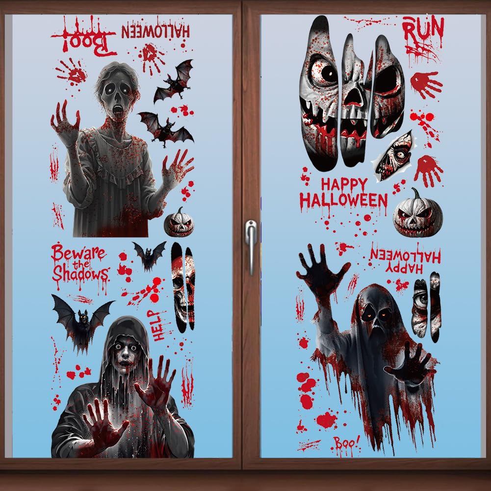 Wfkkmeq Multi ﻿Wfkkmeq Halloween Scary Window Decorations, Double Sided Halloween Window Decals, Removable Electrostatic Window Sticker, Scary Accessories For Party, Party Decor Supplies (4 Sheets)