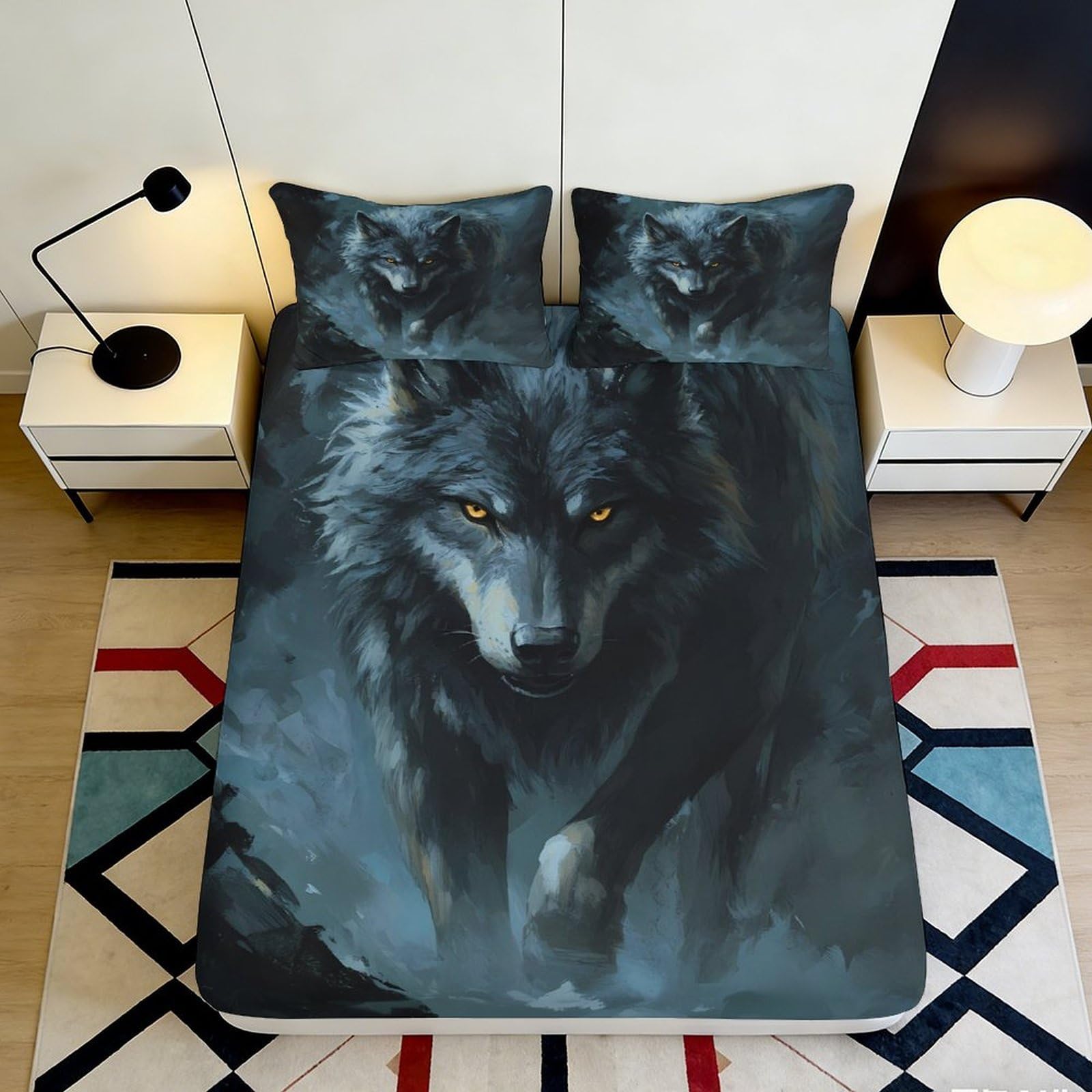 3D Printed Black Wolf Fitted Sheet Microfiber Soft Breathable Dark Forest Bed Cover for Bedroom Dorm Decor 90x200x25cm