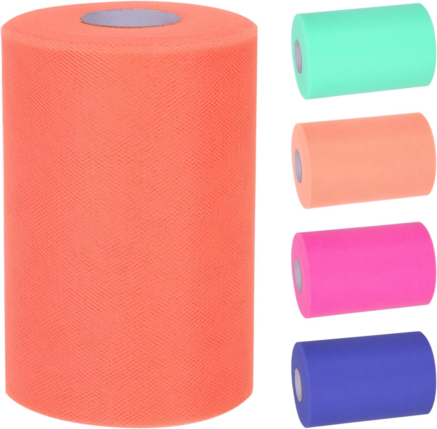 Tanstic 1Pcs Coral Tulle Fabric Roll, 6 Inch x 100 Yards Tulle Ribbon Spool Fabric Tulle Roll for DIY Tutu Bow, Birthday Party Wedding Decorations