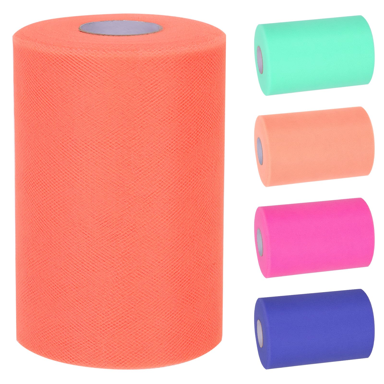 Tanstic 1Pcs Coral Tulle Fabric Roll, 6 Inch x 100 Yards Tulle Ribbon Spool Fabric Tulle Roll for DIY Tutu Bow, Birthday Party Wedding Decorations