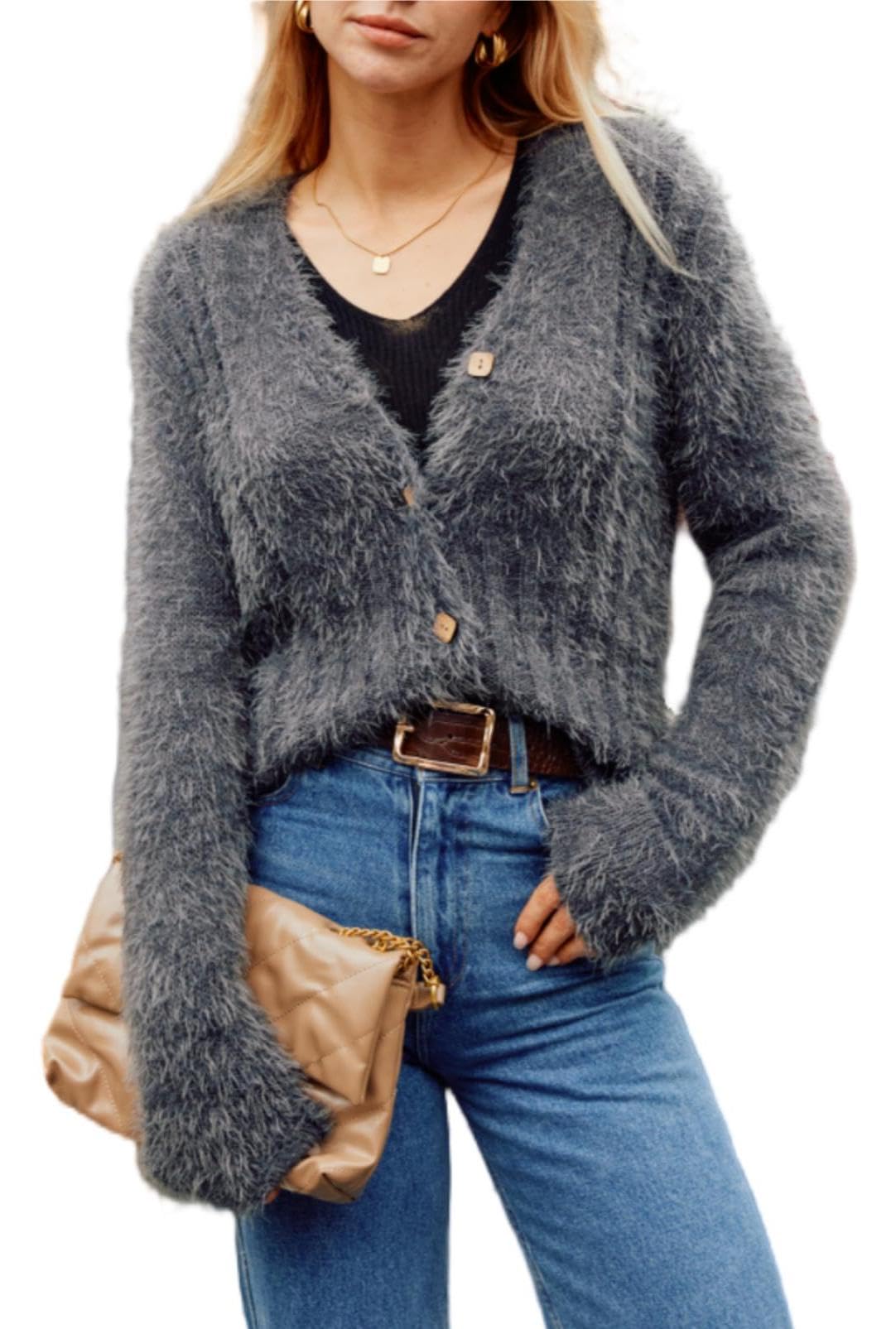 GRACE KARIN Cardigan da Donna a Maniche Lunghe con Scollo a V Corto Abbottonato Morbido e Accogliente Autunno Inverno Maglione Lavorato a Maglia Elegante Casual Giacca a Spalla Top