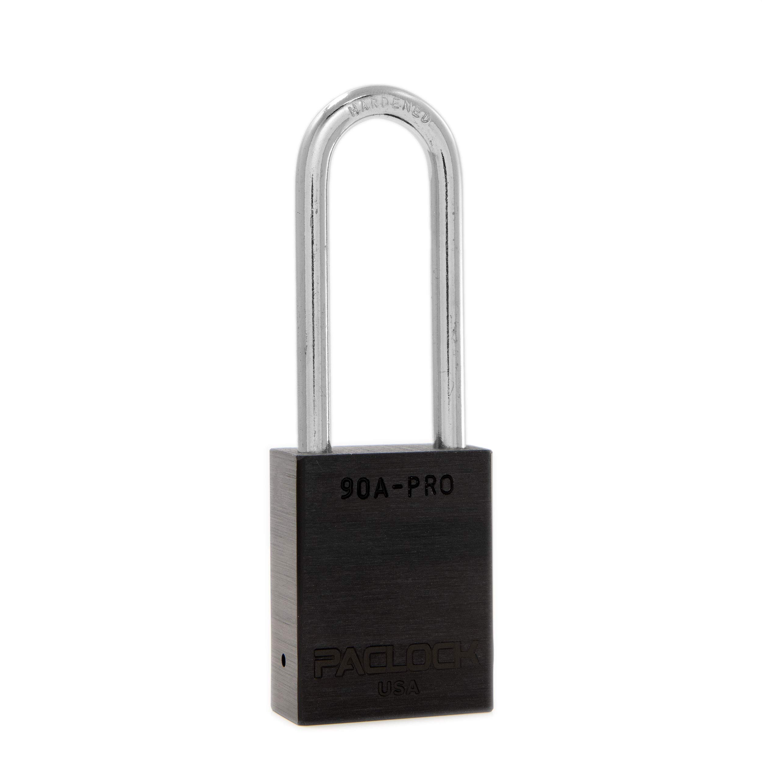 PACLOCK's 90A-PRO Padlock, 1/4" Diameter Hard. Steel Shackle, 2-1/2" Tall, High Performance 7-Pin Cylinder w/ 1 Key, Keyed Differently, Black