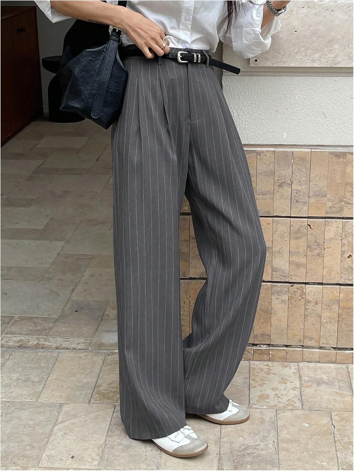 GORGLITTER Women's Low Rise Trouser Dress Pants Dressy Striped Pleated Wide Leg Office Business Casual Slacks Pants - Image 4