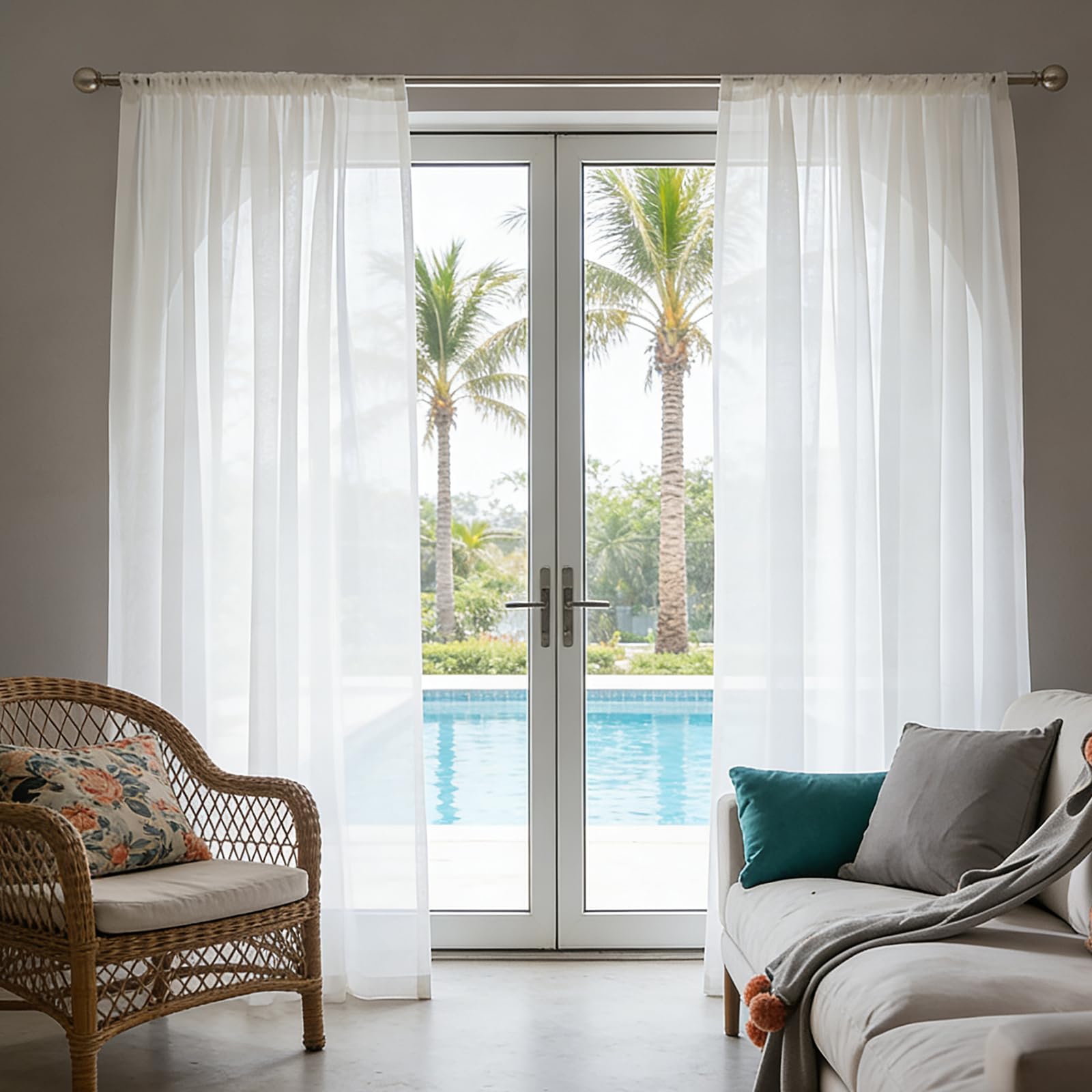 Voile Vorhänge 210 x 220 cm mit Kräuselband, Halbtransparent, Lichtdurchlässig, mit Ösen in Leinenoptik, Luftig Und Langlebig, Gardinen Transparent Vorhang für Jedes Fenster, Weiß