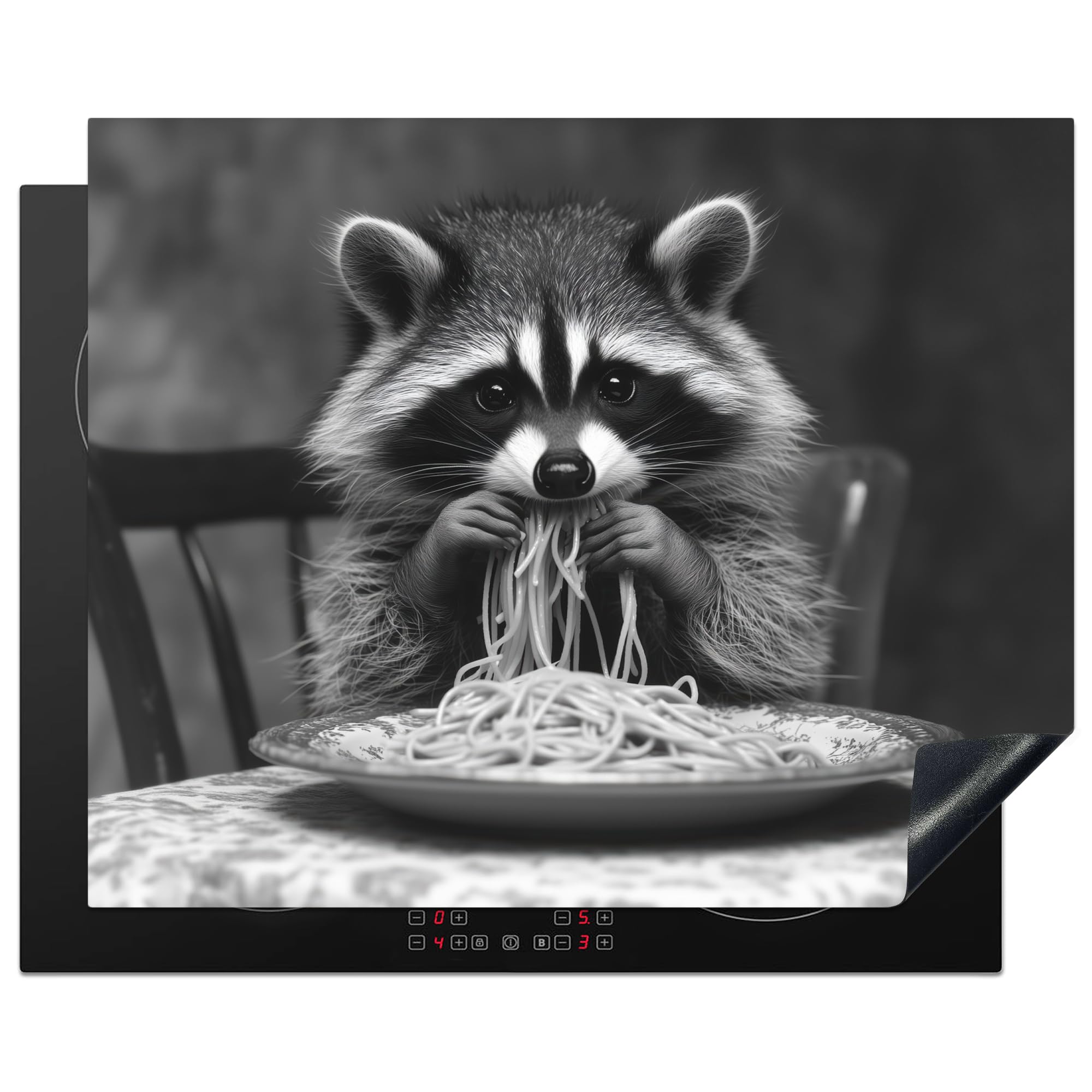 KitchenYeah© Protector Vitroceramica 65x52 cm Tapa para induccion Placa Encimera Cubre de Protectora Cocina Mapache - Lindo - Pasta - Mantel - Negro - Blanco | 65 x 52 cm – Cubierta para placa vitrocerámica inducción Mapache – Lindo – Pasta – Mantel – Neg