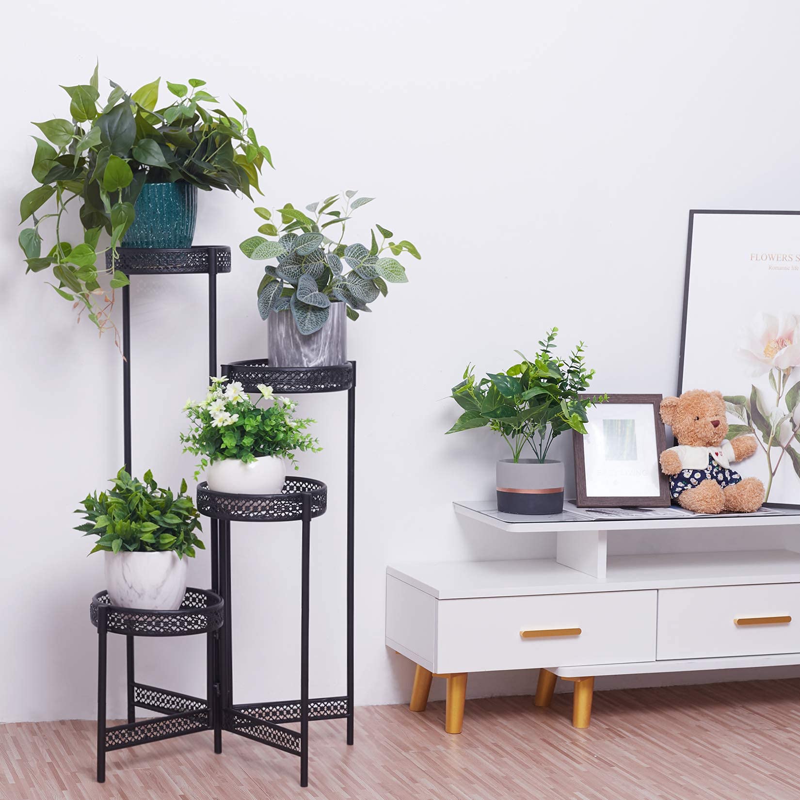 unho Soporte Plantas Interior Exterior Plegable, Soporte Macetas Estanterias para Macetas con 4 Niveles Escalera para Macetas de Metal Estanterias Decorativas Plantas Salón Balcón Oficina 53 x 90 cm