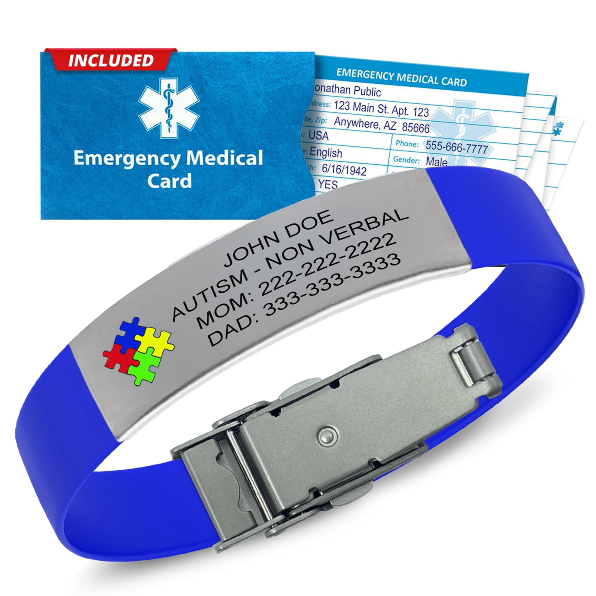 Universal Medical Data Personalized Autism Medical Alert Bracelet – Custom Engraved Silicone Wristband, Waterproof, Includes Emergency Wallet Card &